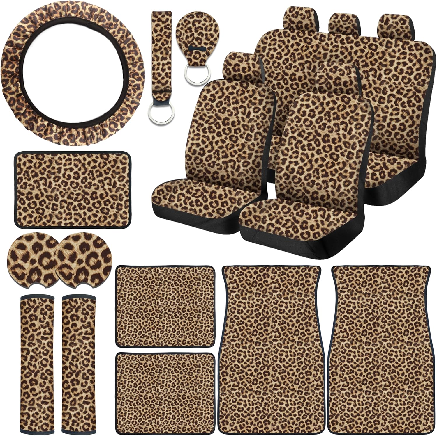 21 Pcs Leopard Print Printing Car Seat Cover Full Set,Car Steering Wheel Cover Center Console Armrest Pad Headrest Seat Belt Cover Handbrake Cover Keychain And Foot Mat Full Set Car SUV(Brown)