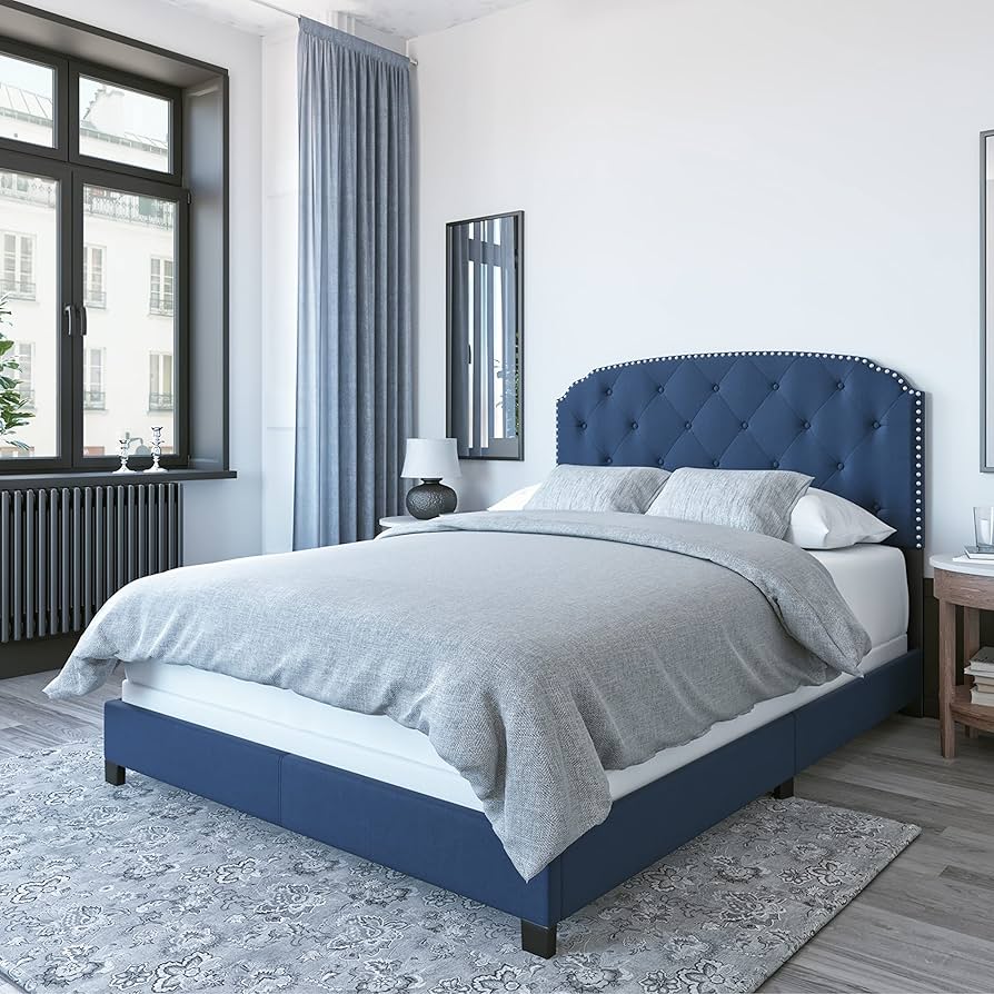 crown bed datype 青 Abigail Navy Blue Diamond Tufted Wingback Queen Bed