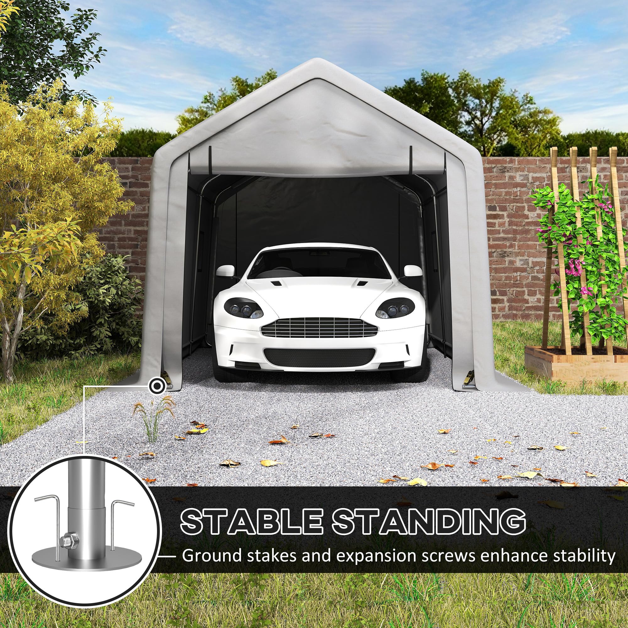 Outsunny Carport tenda da garage 3 x 5,2 m, tettoia per auto all'aperto, tenda di stoccaggio con porta avvolgibile rimovibile, tettoia per auto, camion, barca, grigio