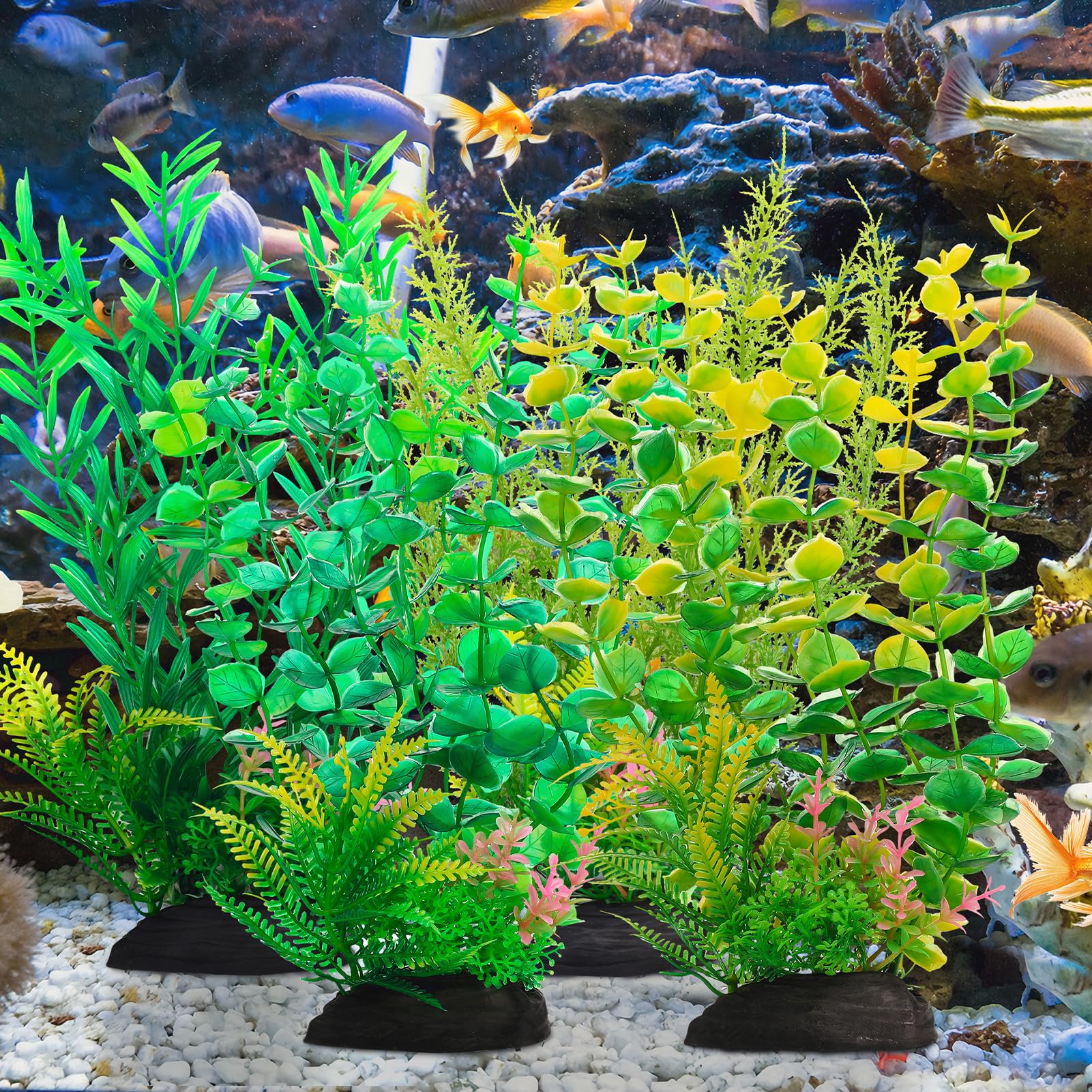 GSrenyu 4Pcs Fish Tank Plants, Fish Tank Accessories Large Plants, 11Inch Tall Aquarium Decoration Green Plant, Artificial Plastic Plant for Tank Decor, Style 2