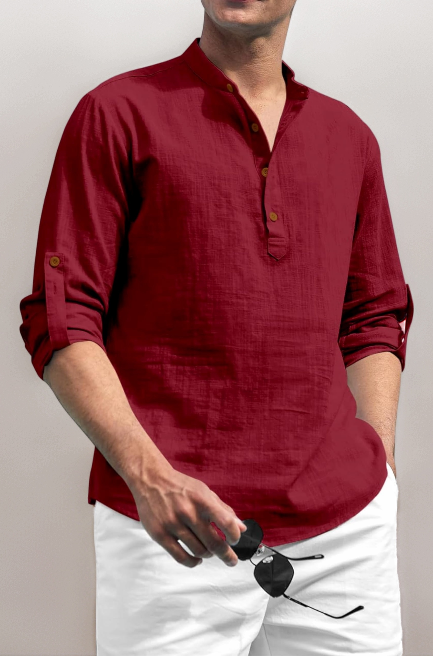 Cotton Polyester Blend Solid Casual Regular Fit Mandarin/Chinese Collor Short Kurta for Men