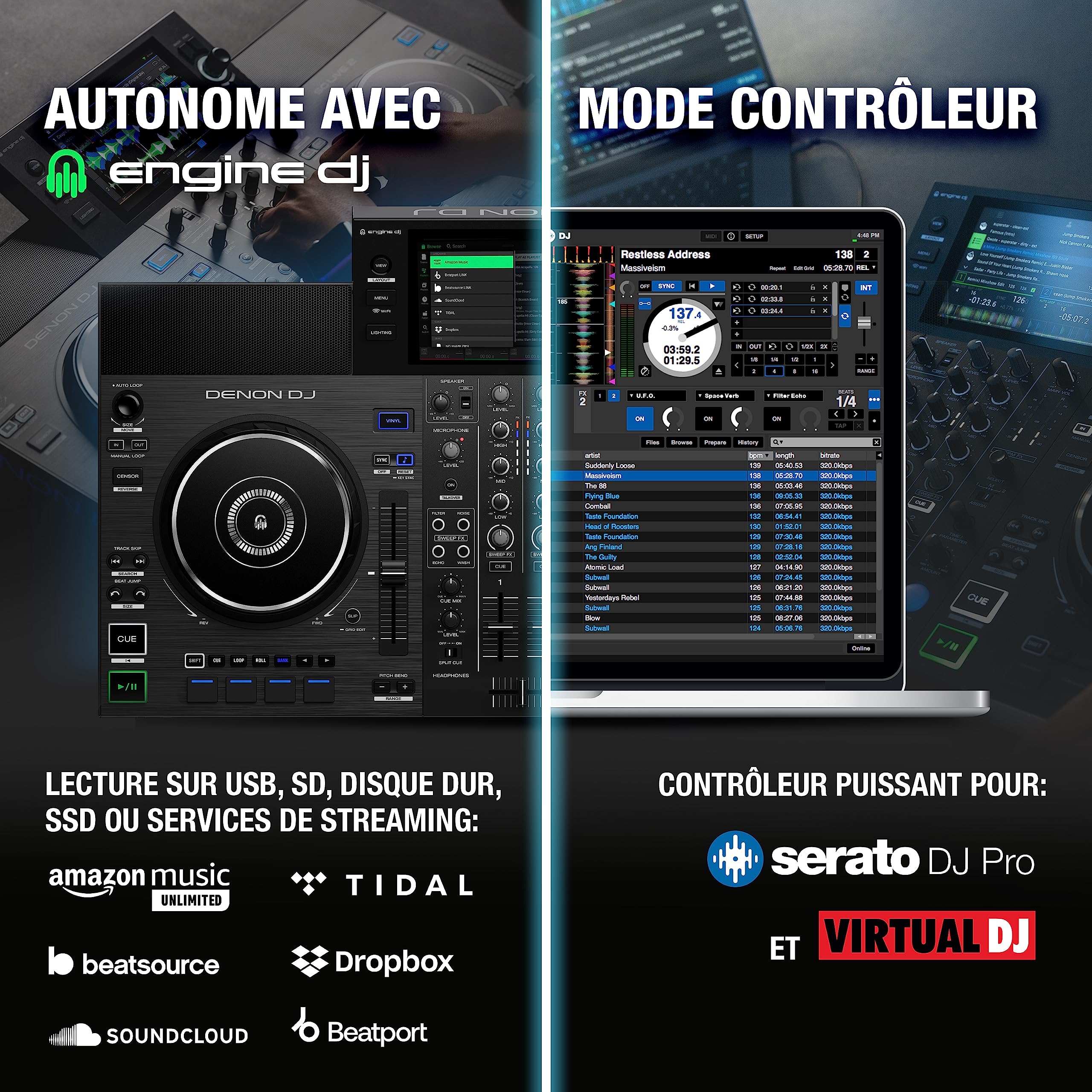 Denon DJ Contrôleur DJ autonome avec Amazon Music, écran tactile 7", Wi-Fi, haut-parleurs, compatible Serato DJ et Virtual DJ
