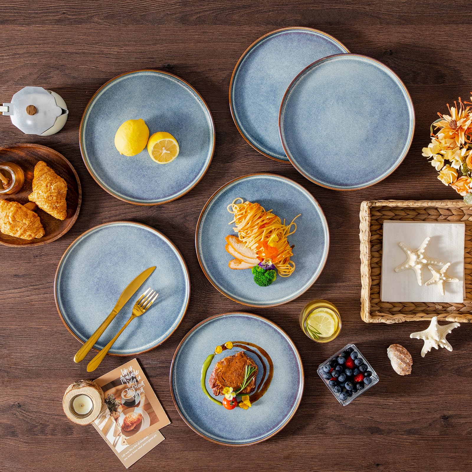 vancasso ONION Set de 6 Platos Llanos, Platos de Ensalada de 25,4 cm de Gres, Juego de Platos de Cena para Cocina, Apto para Lavavajillas y Microondas, Esmalte Reactivo Gris Azul