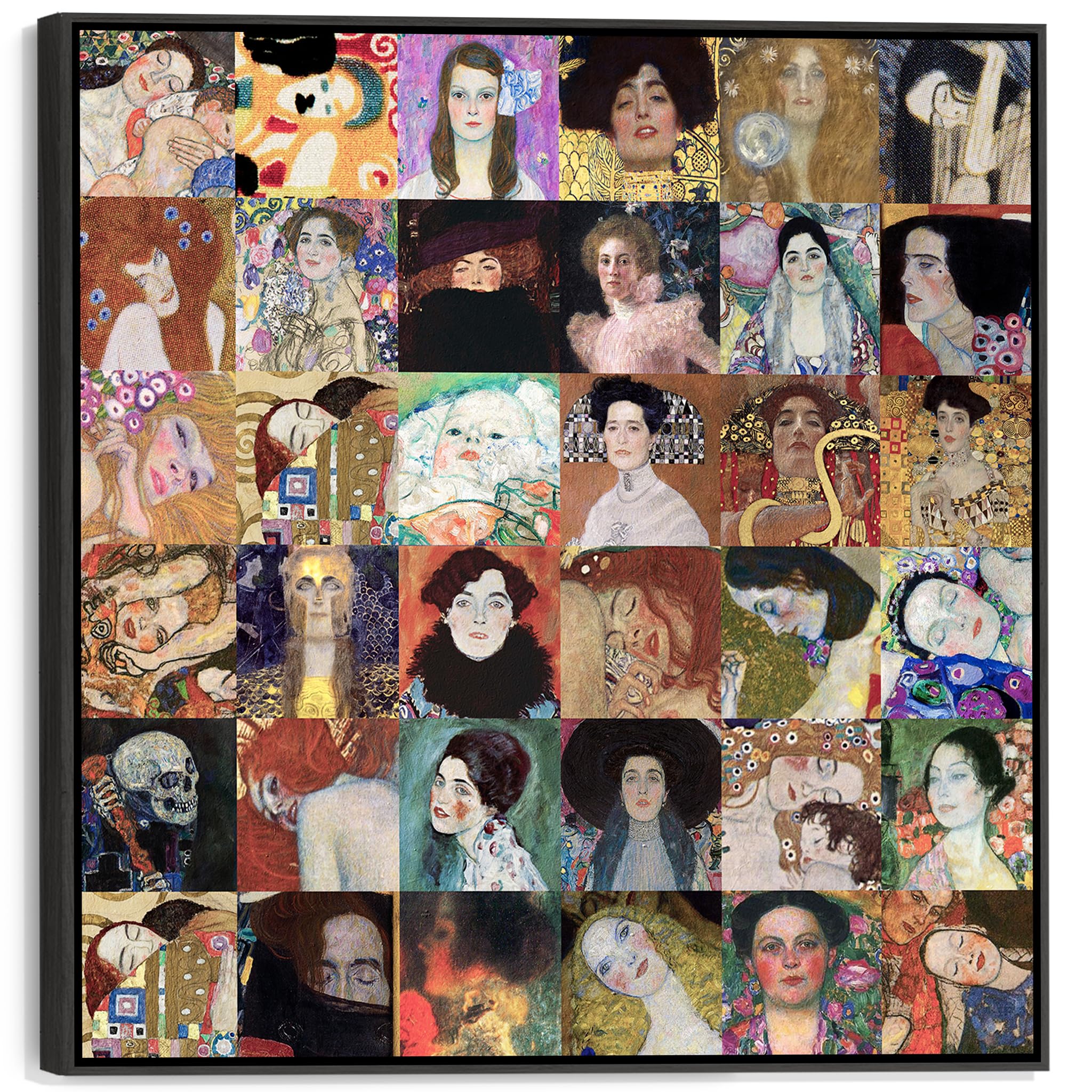 Wallfillers Multi Coloured Large Gustav Klimt Framed Wall Art Print On Canvas - Colourful 100Cm X 100Cm Montage