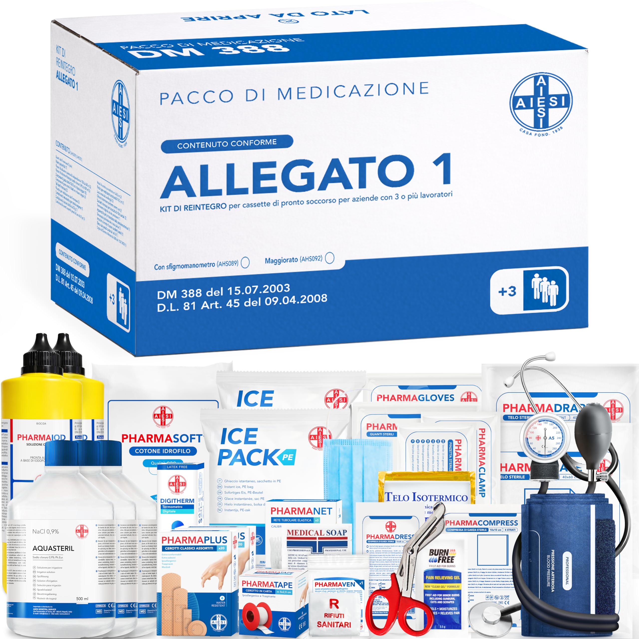 AIESI® kit di reintegro ALLEGATO 1 MAGGIORATO pacco medicazione per cassetta di pronto soccorso aziende più 3 dipendenti, Conforme DM388/DL81, Made in Italy