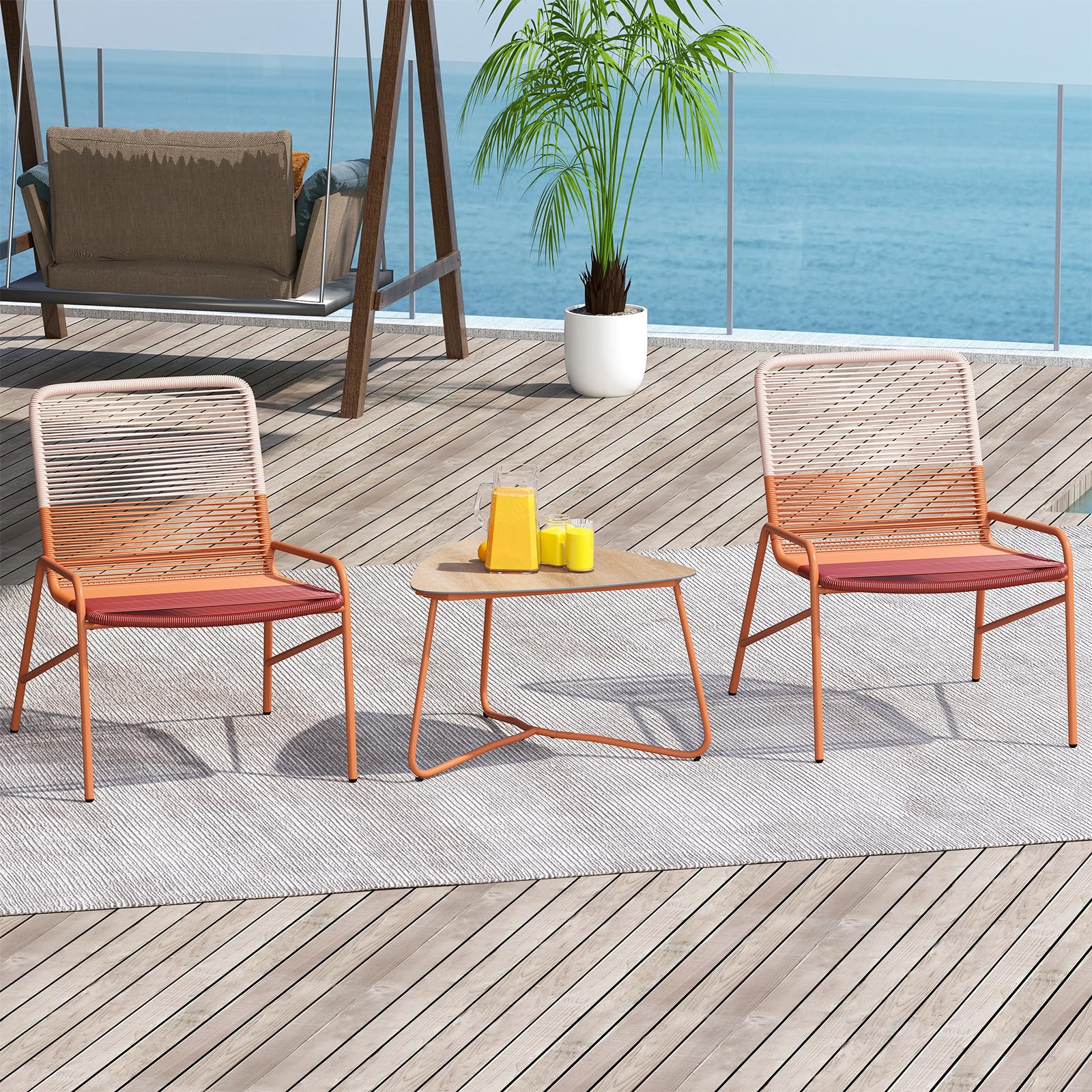 COSTWY Set Salotto da Giardino in Rattan PE, con 2 Sedie e Tavolo Laterale in Legno-Plastica, Set Bistro per Balcone, Portico e Cortile