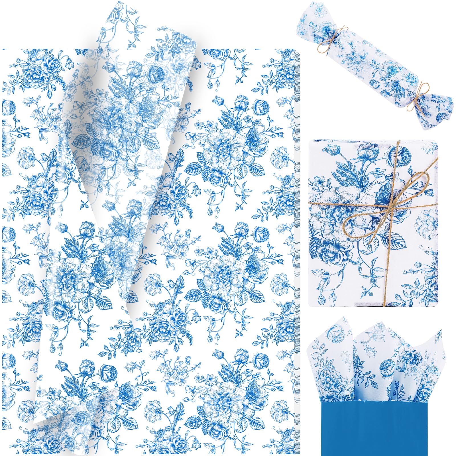 60 Sheet Blue Floral Tissue Paper, 20x14 inch Chinoiserie Gift Wrapping Tissue Paper for Birthday Wedding Baby Shower Party Supplies