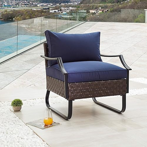 LOKATSE HOME Muebles de patio al aire libre, sofá moderno de mimbre de ratán para todo tipo de clima, silla de marco de acero, sillón individual con