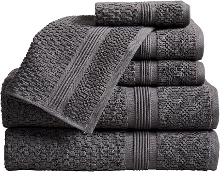 Market & Place 100% Cotton Waffle Weave 6 Piece Towel Set Soft, Quick-Dry Bath, Hand & Washcloth Towels Lightweight, Textured Bathroom Set Charcoal | Zoey Collection