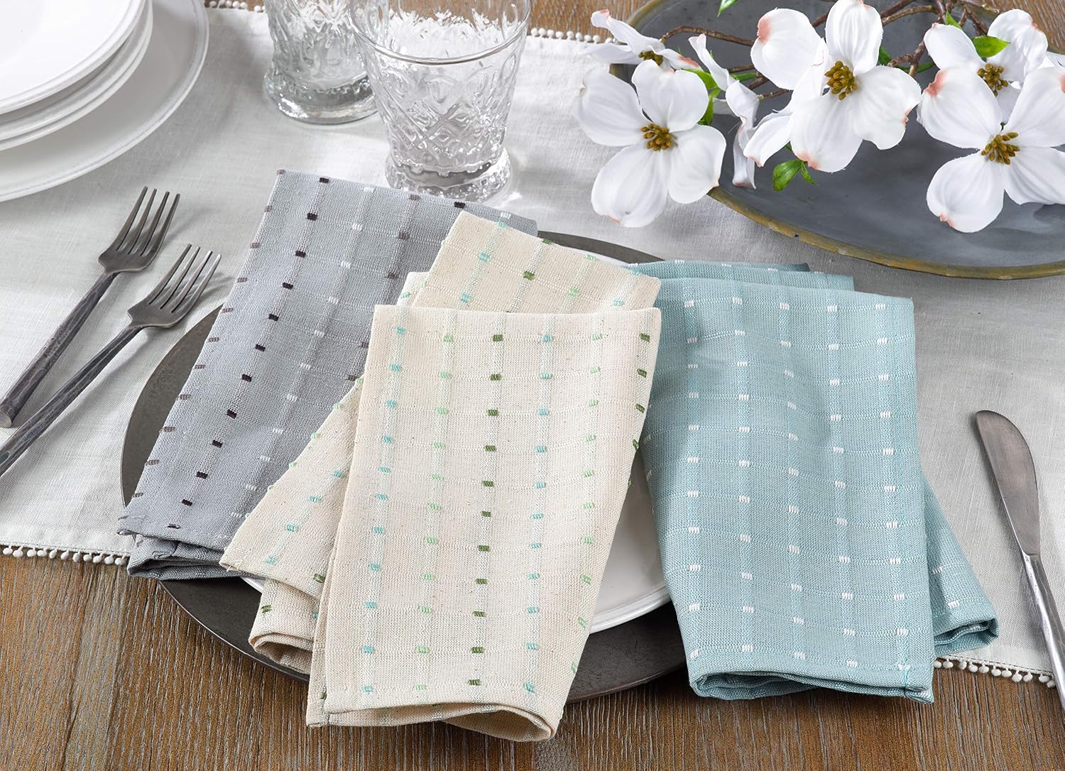 SARO LIFESTYLE 2136.A20S Cousu Collection Cotton Blend Stitched Line Table Napkins (Set of 4) 20" Aqua
