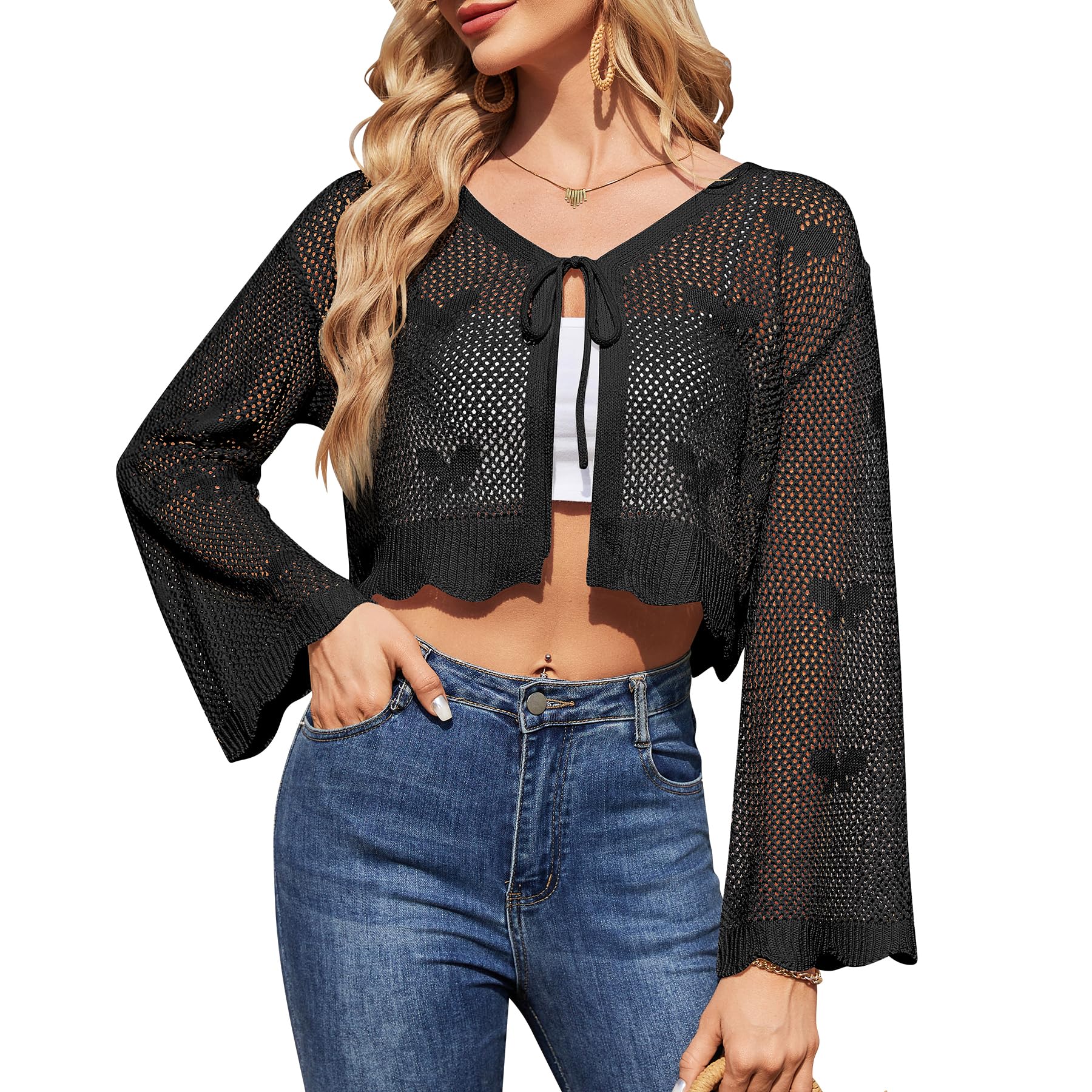 Cardigan d'été festif pour femme avec nœud sur le devant, manches longues, crochet, col en V, manches évasées, cardigan