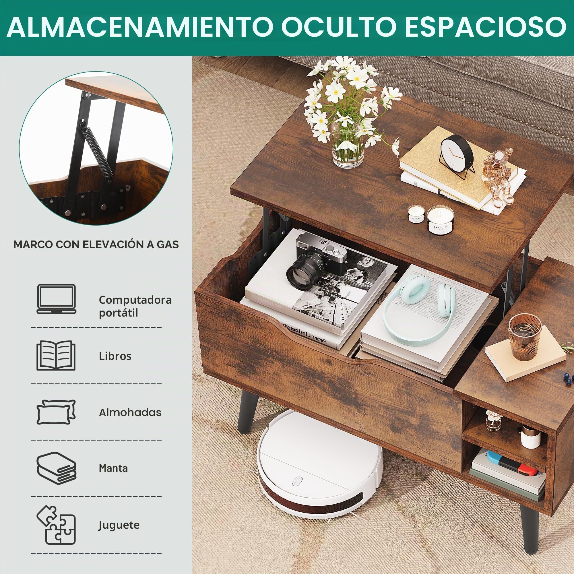 YITAHOME Mesa de Centro Elevable con Compartimento Oculto, Estante de Almacenamiento Ajustable, Elevador de Resorte, Mesa de Centro con Almacenamiento para Sala de Estar, 80x40x61,5cm, Marrón Rústico