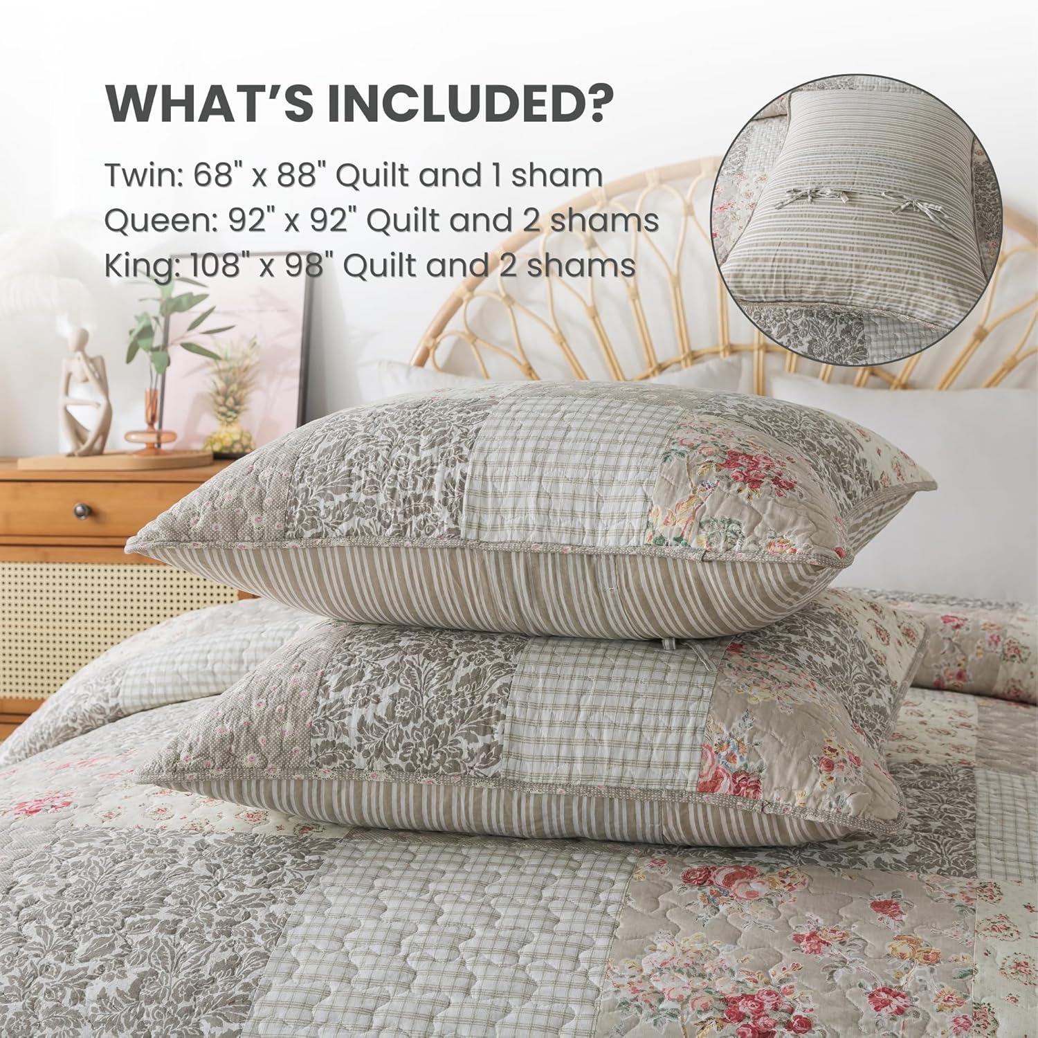 SLPR Walk in The Cotswolds Patchwork Cotton Pieced Quilt Set - Queen Size with 2 Shams, Neutral Floral & Cream Cottage Quilted Bedspread, French Country Farmhouse Bedding for All Seasons - Image 6