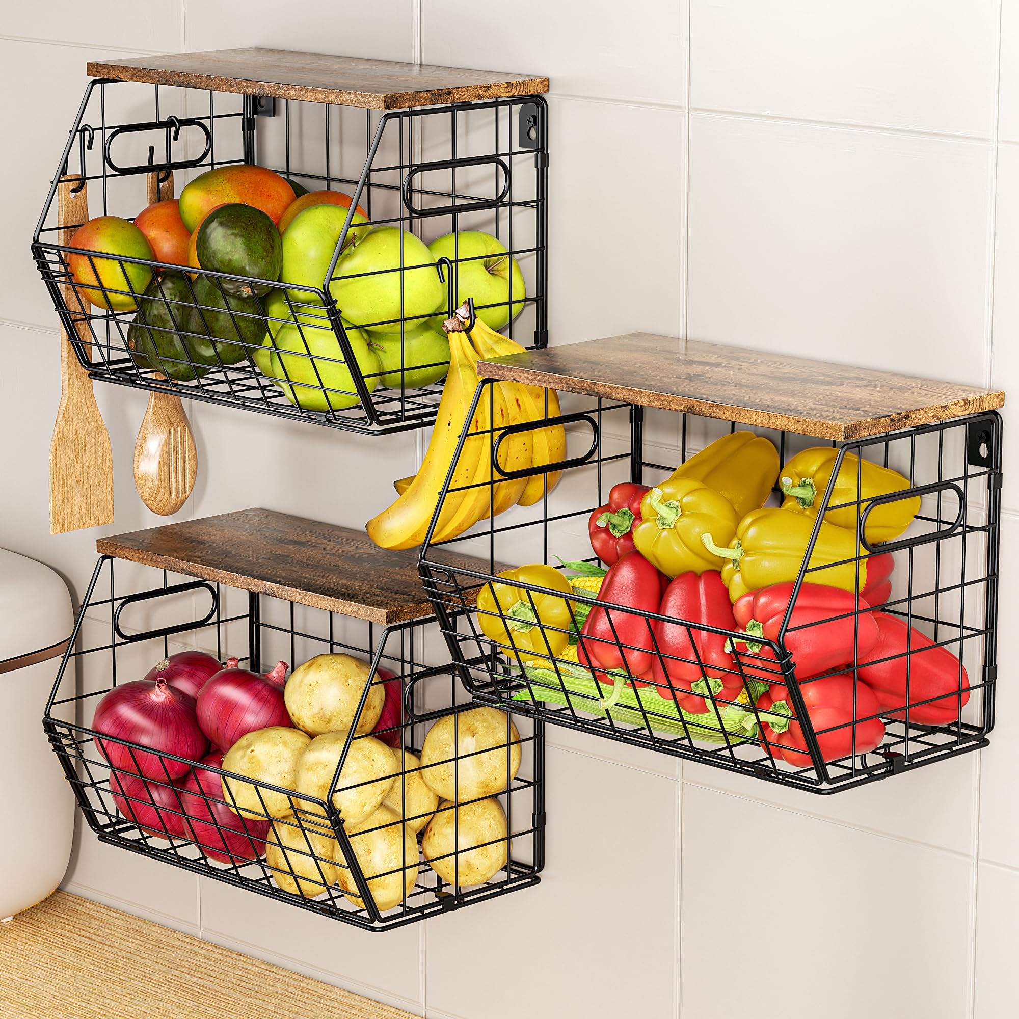 Delamu Cesta de frutas de metal apilable con tapa de madera, paquete de 3, organizador de pared colgante para encimera de cocina, almacenamiento de despensa para cebollas, patatas, garli, frutas