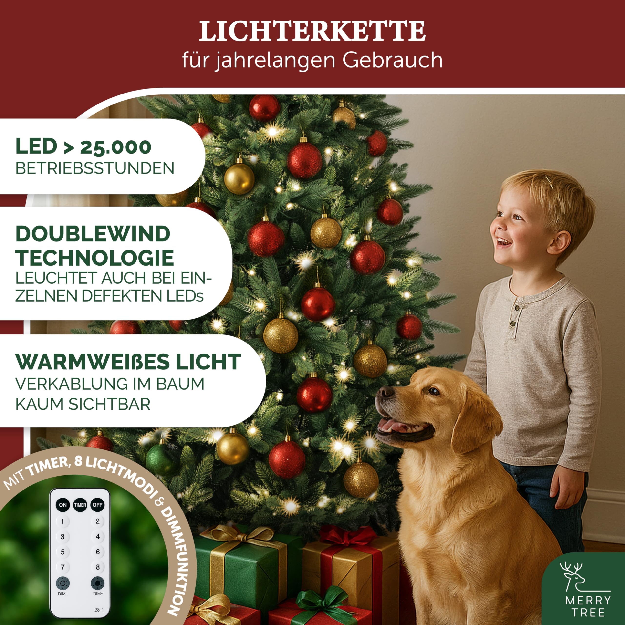 Premium künstlicher Weihnachtsbaum 150cm - Weihnachtsbaum mit Beleuchtung LED - Tannenbaum Spritzguss 100% PE-Nadeln inkl. Holzfuß - Tannenbaum künstlich mit Beleuchtung - Christmas Tree