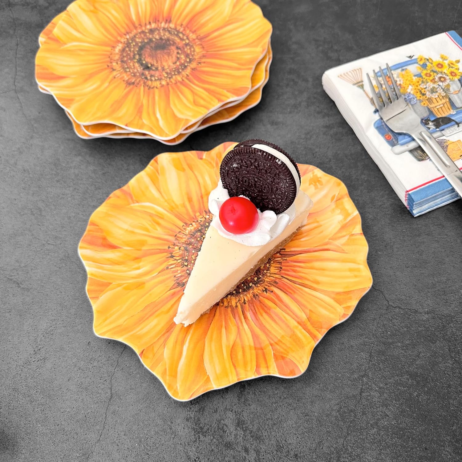 UP UPware Sunflower Melamine Dessert Plates, Floral-Shaped Small Serving Plates, for Appetizer, Snacks, and Side Dishes, Yellow, 7.5 x 7 Inch, Set of 4