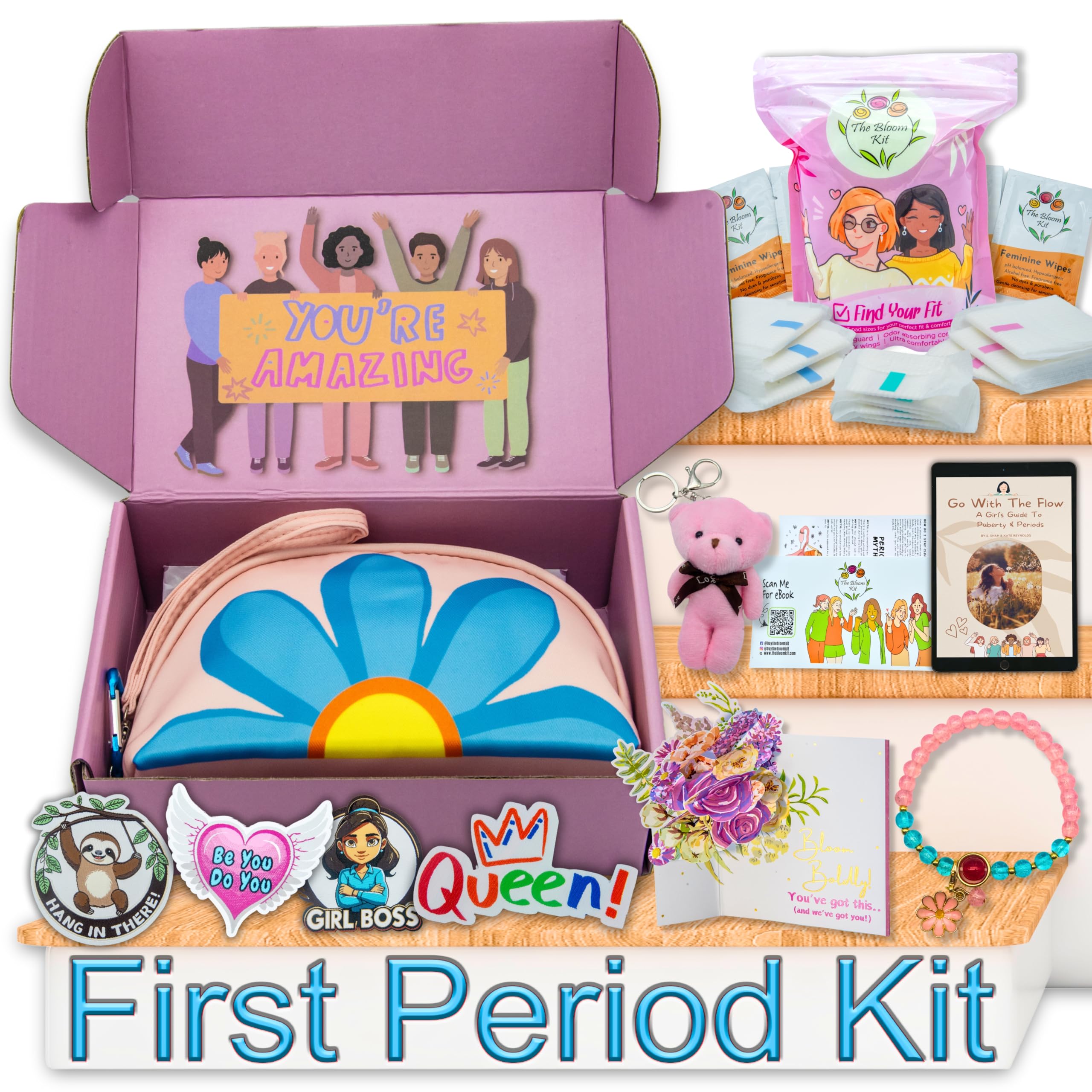 The Bloom First Period Kit for Girls 9-12 - 90 PC Period Starter Kit for Tweens - School Emergency Kit for Teen Girls with Cute Little Bags - First Period Gift Box (Green & Pink) Pack of 3