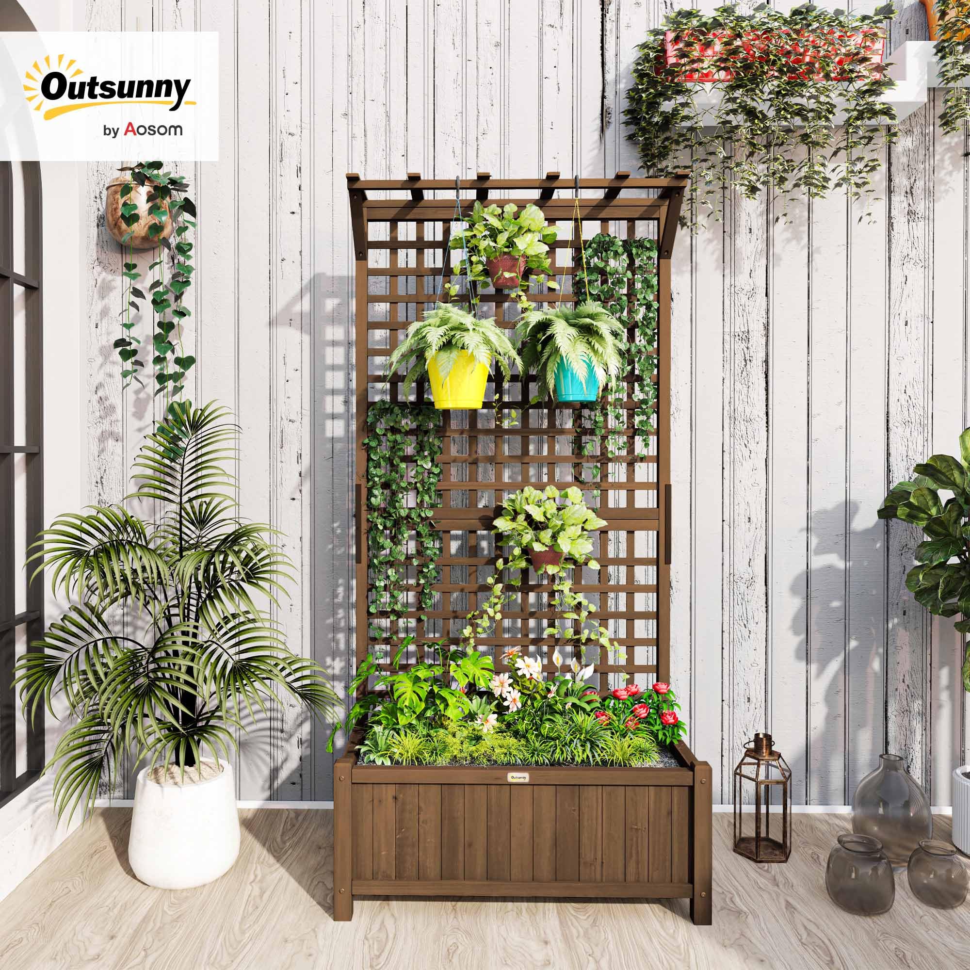 Outsunny Jardinera con Enrejado de Madera Macetero de Jardín con Soporte para Trepadora Cultivo de Plantas Flores Jardinera con Celosía para Exterior Patio Terraza 90x45x183 cm Marrón