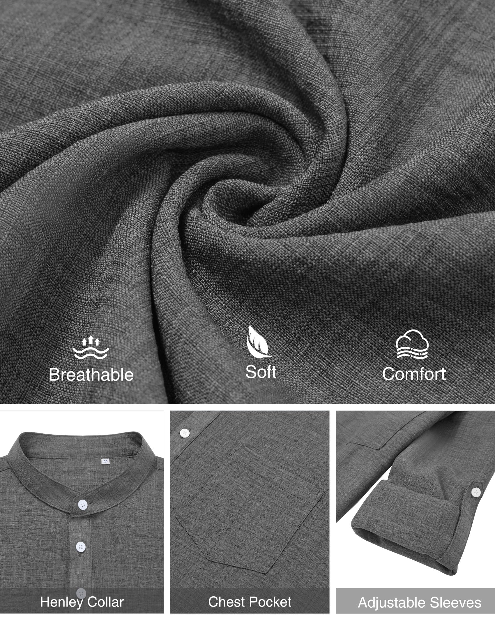 Alimens & Gentle Leinenhemd Herren Langarm Hemden Henley Sommer Baumwolle Atmungsaktiv Strandhemd Freizeit Urlaub Herrenhemd