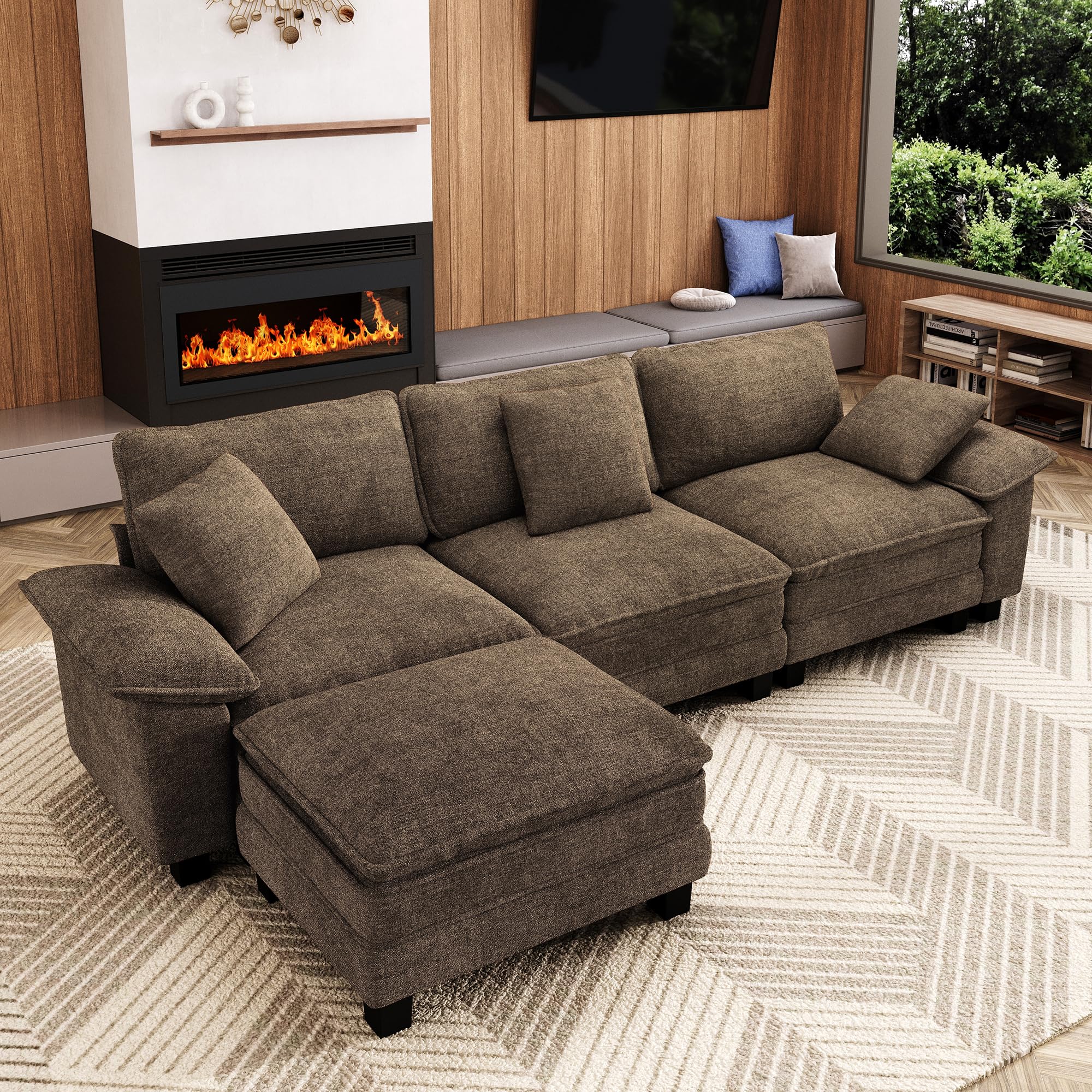 123-Inch L Shaped Sectional Sofa with Cloud Cushions Deep Seat Modular Couch Set w 4 Seats 1 Ottomans