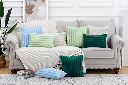 Miniatura 6 de MADIZZ Juego de 2 fundas de cojín decorativas de felpa de lana sintética de 14 x 14 pulgadas, color verde claro, esponjosas, a rayas, suaves,
