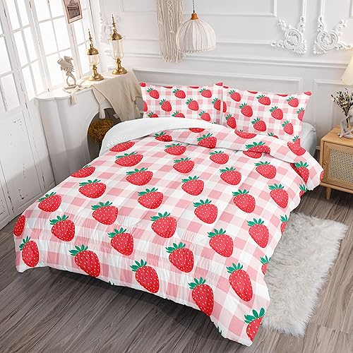 Miniatura 3 de Juego de ropa de cama Kawaii de fresa para niñas, juego de ropa de cama con patrón de cuadrícula rosa con 1 edredón y 2 fundas de almohada para