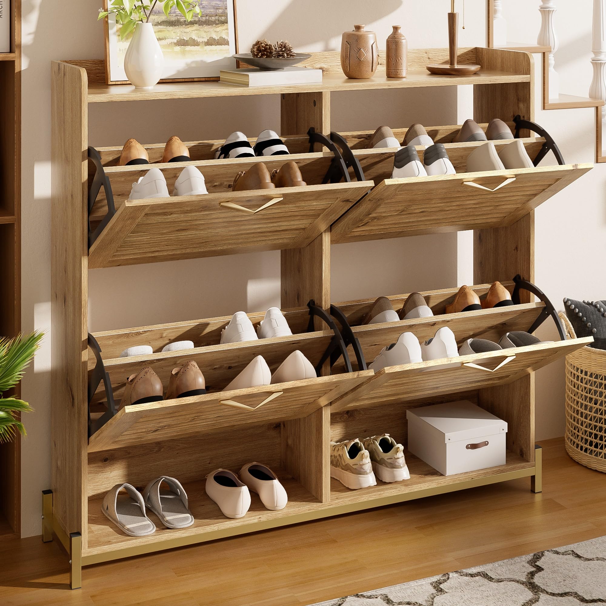 Szafka na buty z 4 drzwiami, listwy drewniane, metalowa rama, półka, 108,5 x 24 x 100 cm, drewno, płyta MDF, zajmuje mało miejsca do przedpokoju