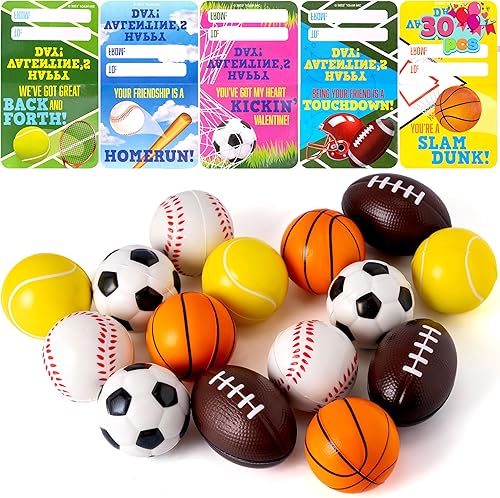 Miniatura 8 de JOYIN Paquete de 30 bolas deportivas de poliuretano para el día de San Valentín con tarjeta de regalo, mini pelota deportiva de espuma para