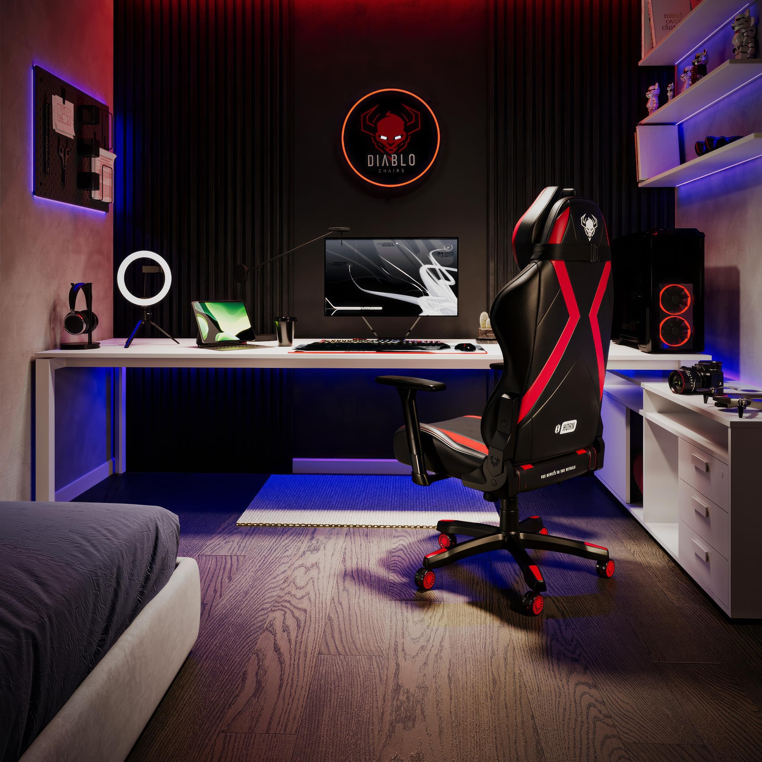 DIABLO X-Horn 2.0 Sedia da Gaming Gamer Poltrona da Ufficio Scrivania Girevole Braccioli 3D Design Ergonomico Supporto Lombare Meccanismo di Inclinazione Nero-Rosso Normal (L)