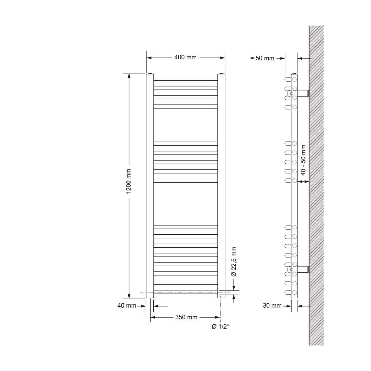 ECD Germany Radiatore Sahara Scaldasalviette Moderno Per Bagno - 400 X 1200 mm - Bianco- Acciaio - Curvo con Attacco Laterale - Radiatore Scaldasalviette Asciugamani Riscaldamento Non Elettrico