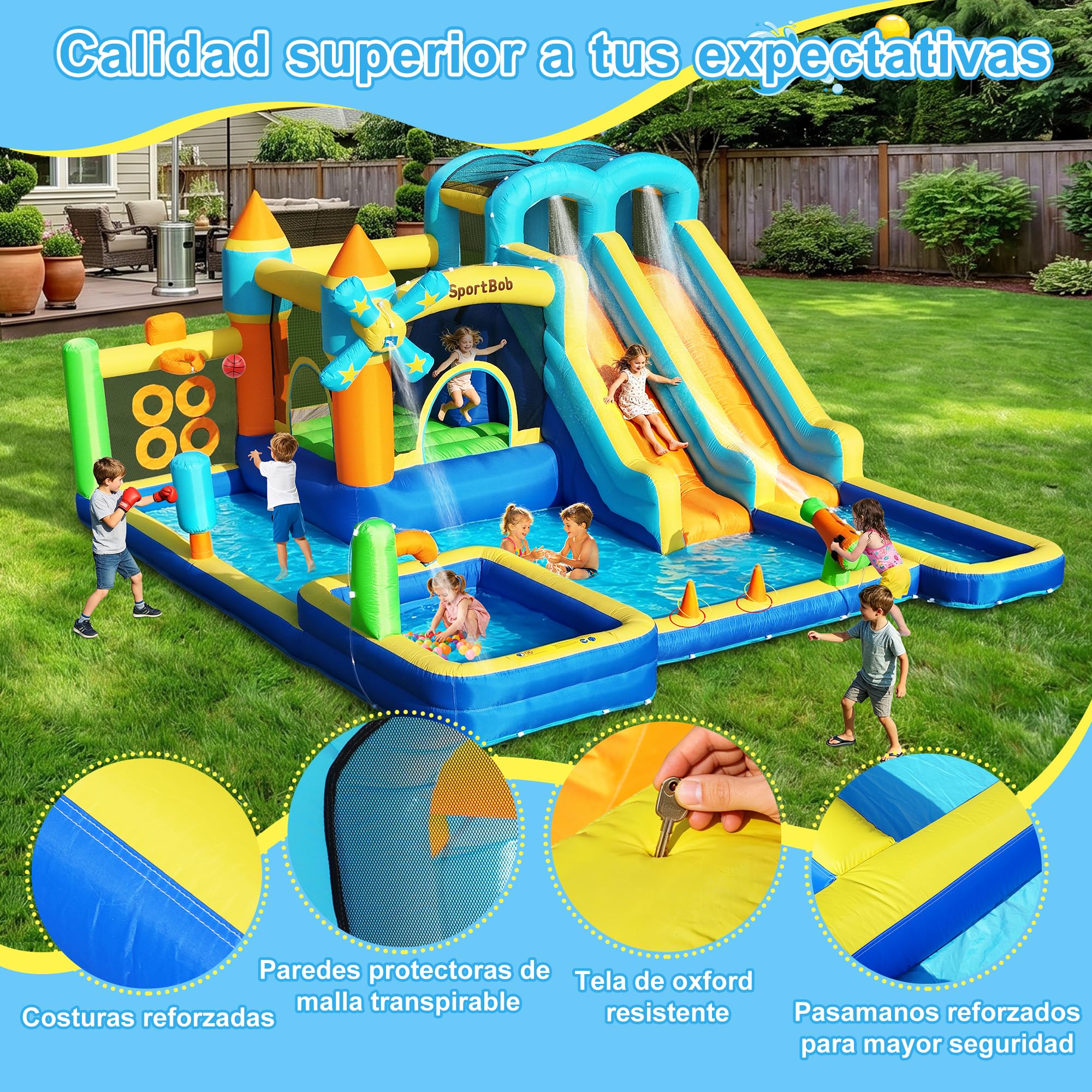 Castillo hinchable con doble tobogán, soplador, piscina infantil, zona de salto y pared de escalada, ideal para uso en interiores y exteriores, reuniones familiares y ocasiones de cumpleaños