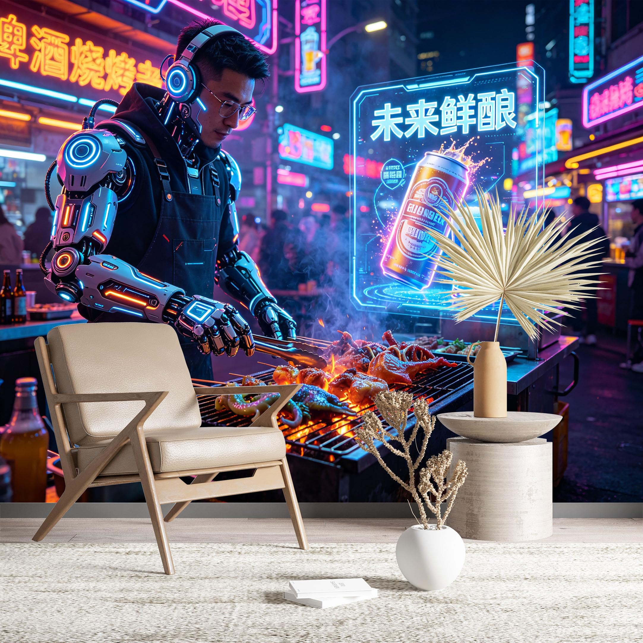 Custom Size Wall Murals Cyberpunk Street BBQ Self-Adhesive Wall Fabric (NO PVC) Removable Wallpaper for Game Room Bar