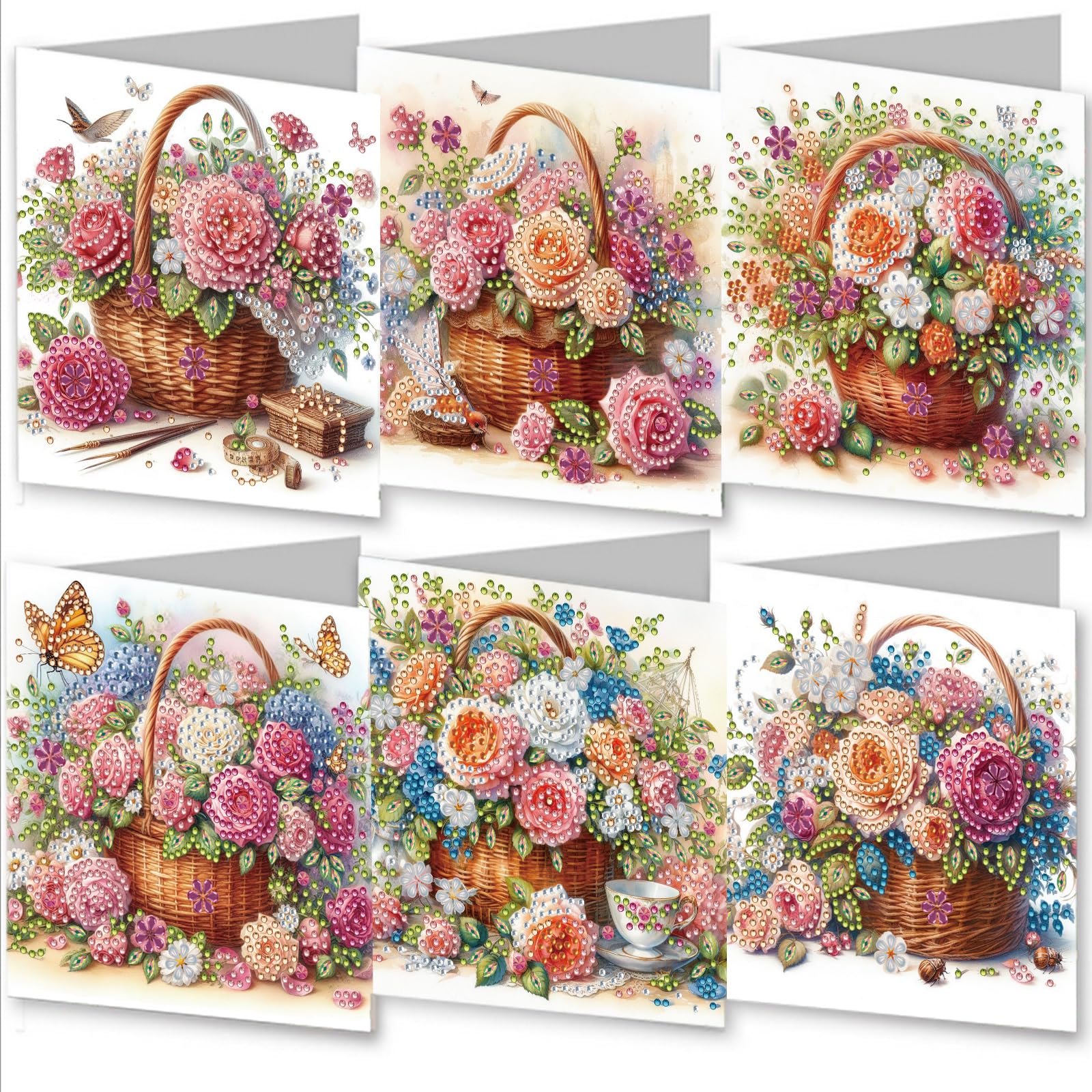 Awesocrafts Floral Basket 6Pcs Diamond Art Christmas Cards Kits Greeting, Diy Diamond Painting Cards Sets, 5D Diamond Art Cards With Envelopes, Postcards For Handmade, Xmas 30 * 15Cm (Floral Basket)