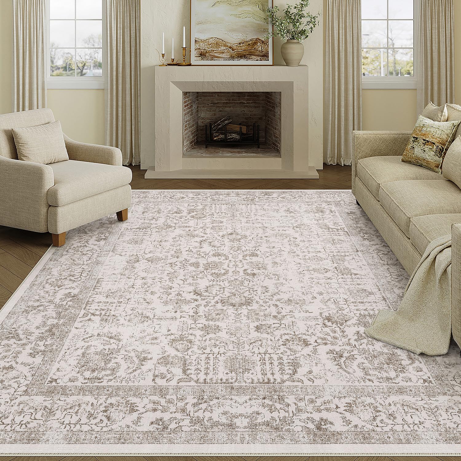 HUGEAR Vintage Tappeto Salotto Marrone Tappeti 240x300cm Soggiorno Antiscivolo Lavabile in Lavatrice Tapette Camera da Letto Sala Ufficio Bambina Bambino Pelo Corto Grande Carpet