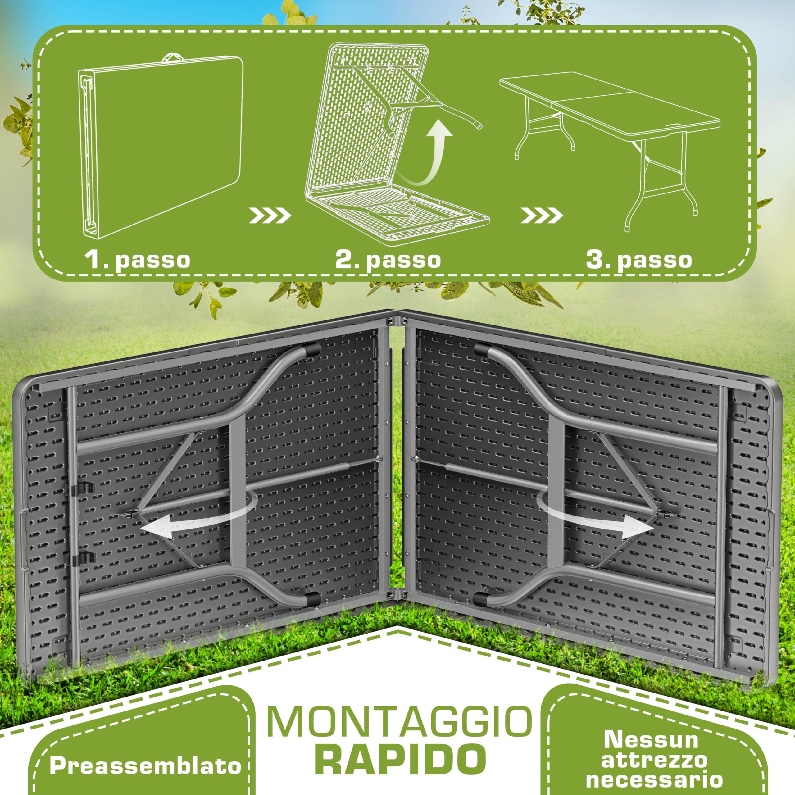 tillvex Tavolo da giardino pieghevole 180x75cm plastica