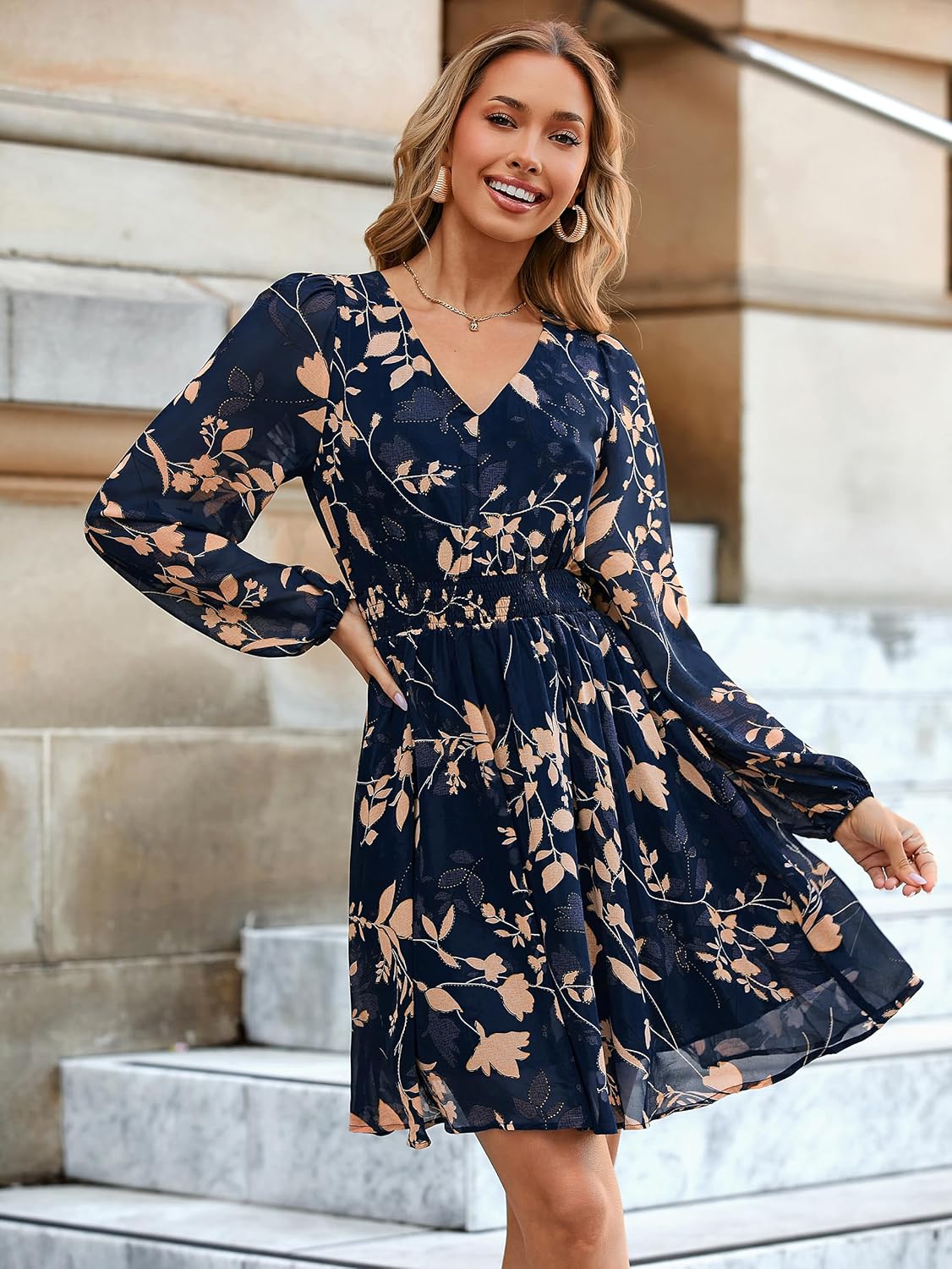 Simplee Womens Floral Mini Dress Long Sleeve Casual V Neck Chiffon Modest Boho Flowy Fall Wedding Guest Dresses - Image 3