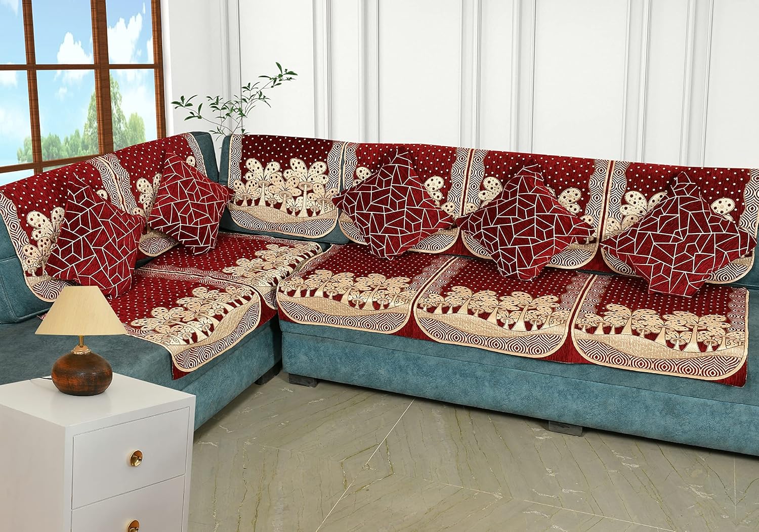 SAWNA HOMES L Shape Premium 6 Seater Velvet Chenille Sofa Cover Set, 12