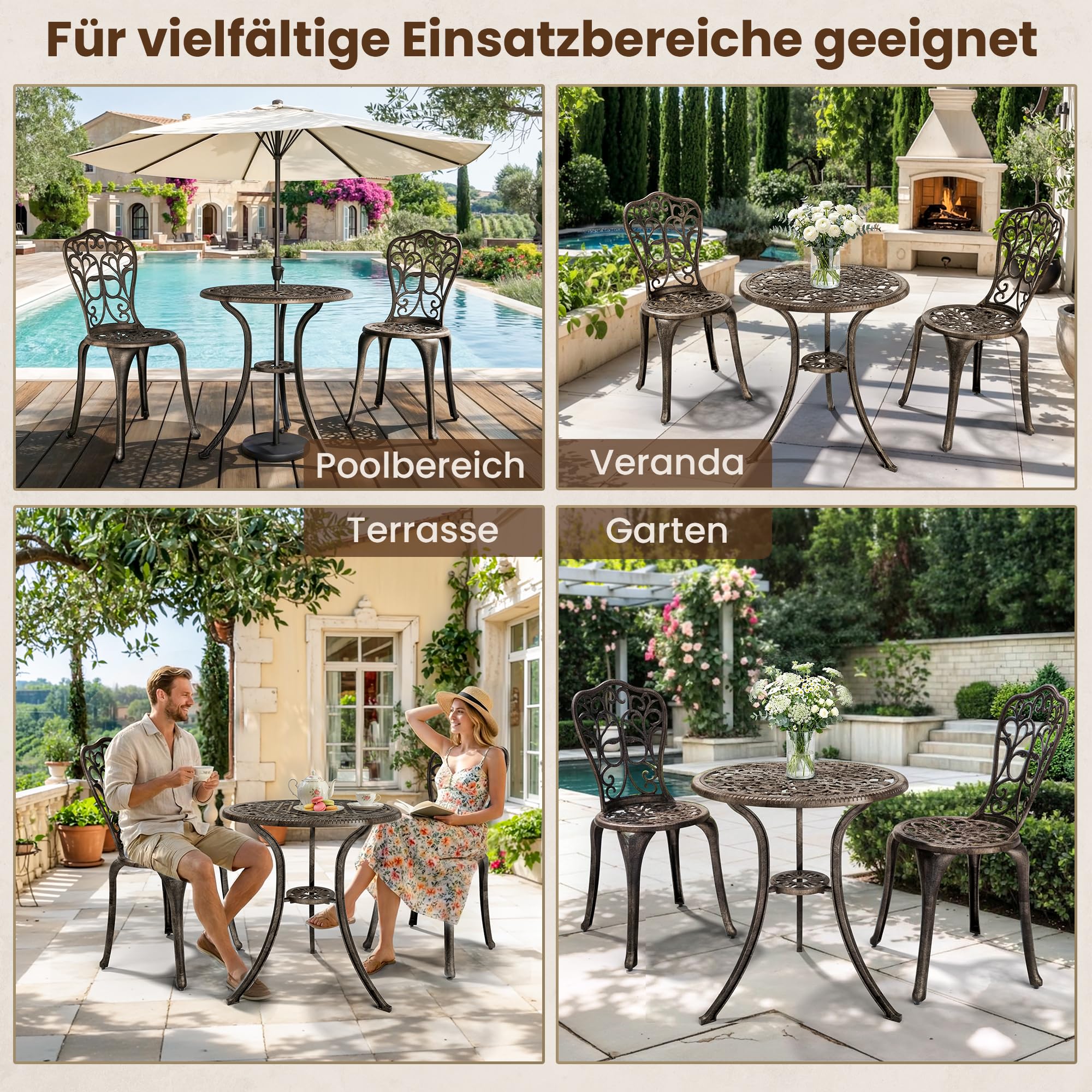 Pamapic Bistro Set 3-teilig, Bistrotisch mit 2 Stühlen & Schirmloch mit Sonnenschirmloch, Aluminium Gartenmöbel Set, Balkonmöbel Set für Terrasse, Veranda, Garten, Bronze