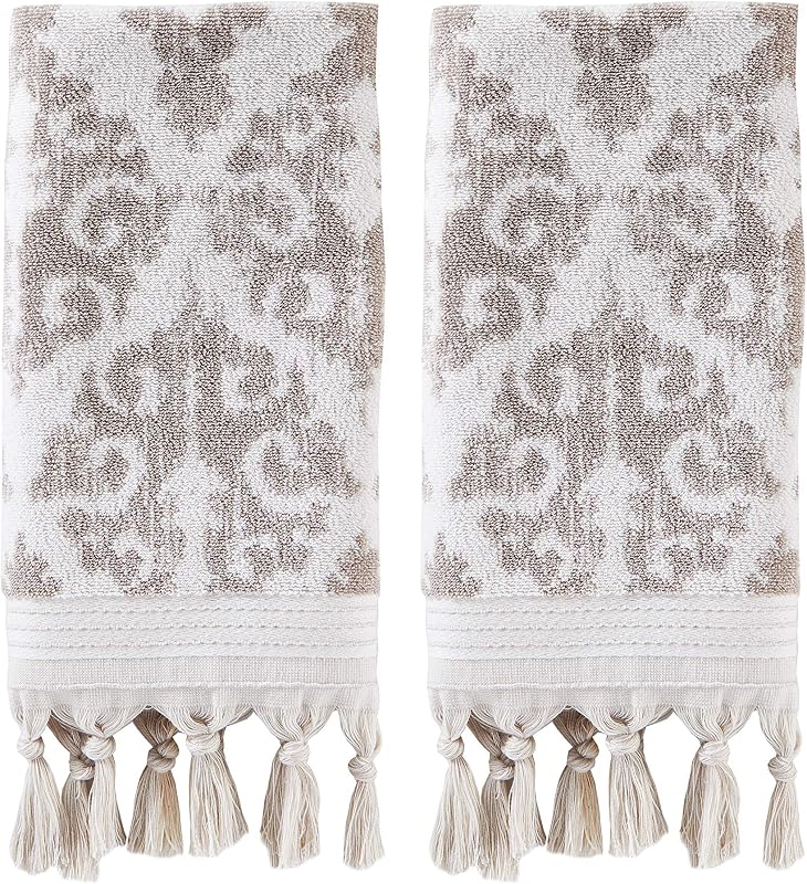 SKL Home Mirage Fringe Hand Towel Set-2pc, 100% Turkish Cotton, Taupe | 640 GSM weight. Spa-level quality. Soft & absorbent, reversible jacquard. For the bathroom, kitchen, bar or any sink space.