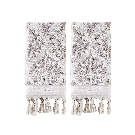 SKL Home Mirage Fringe 100% Turkish Cotton Hand Towel (2-Pack), Taupe , 16x26 in