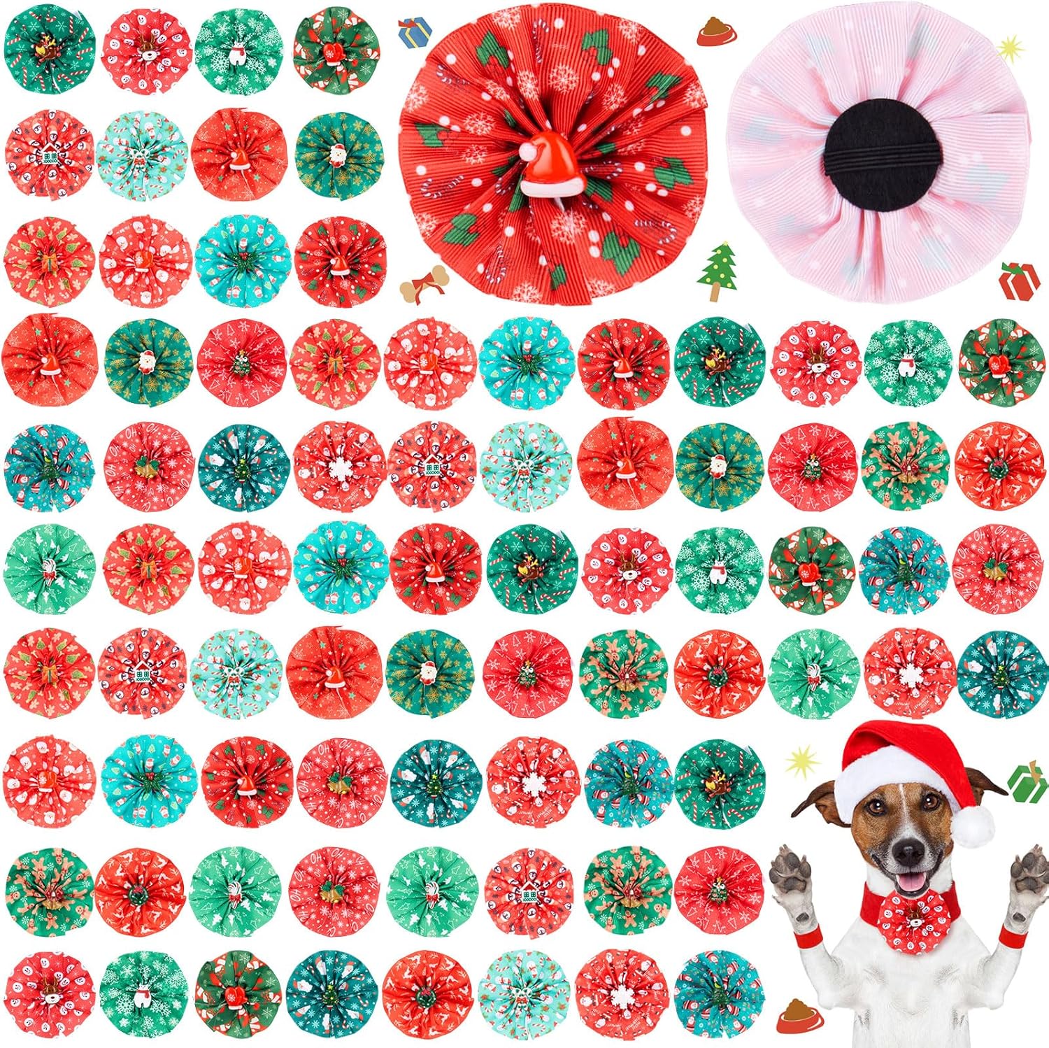 Sumind 80 Pcs Christmas Dog Collar Bows Bulk Xmas Bow Ties Flowers Charms Grooming for Small Medium Large Dogs Cats Pet Holiday Party Decoration Costume Supplies