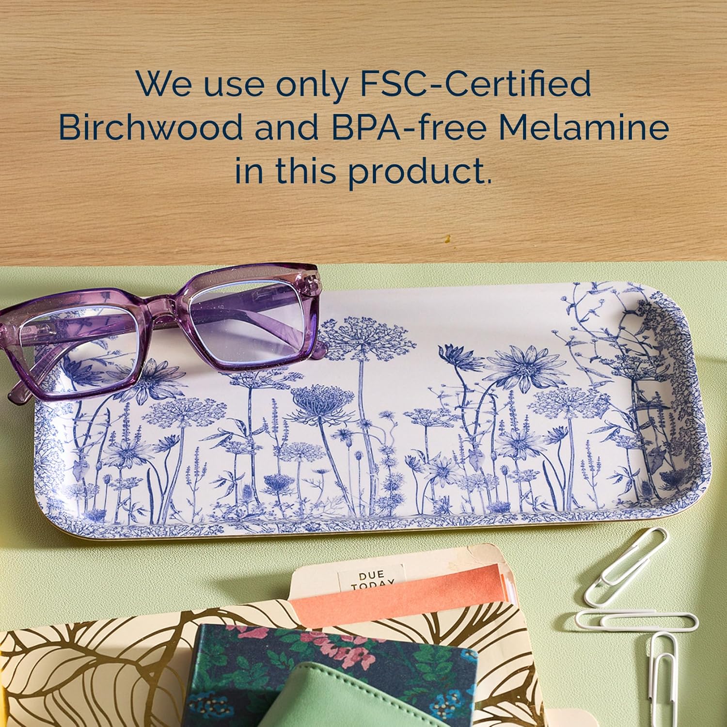 Caskata Summer Blues Small Rectangular Birchwood Tray | Birchwood and Wipeable Melamine | Perfect for Home, Entertaining, Gifts | Multicolor, 11W X 5L