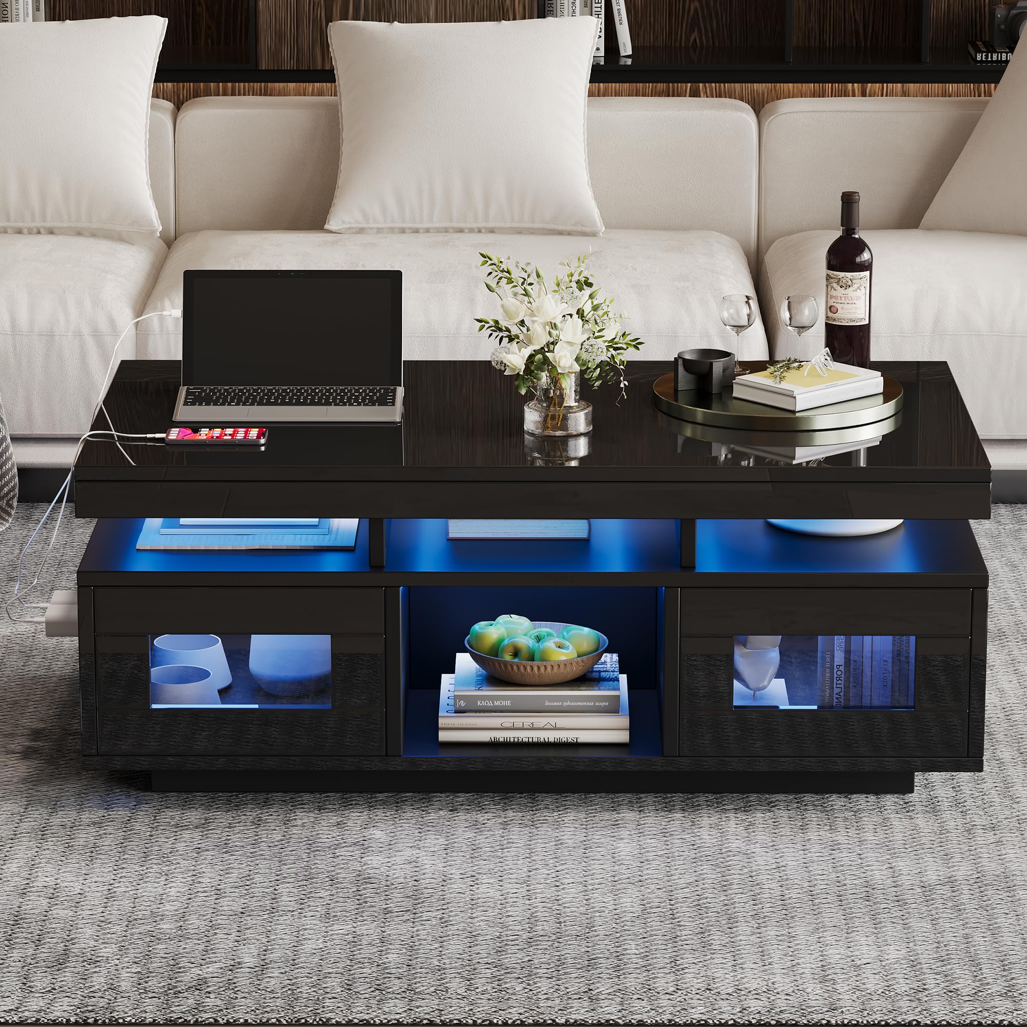 Merax Couchtisch Schwarz, Wohnzimmertisch Hochglanz mit LED Beleuchtung, Beistelltisch Kaffeetisch mit Schrank & Offene Staufächer, Sofatisch mit Ladeanschluss, Rechteckiger Mitteltisch, 100×50×43cm