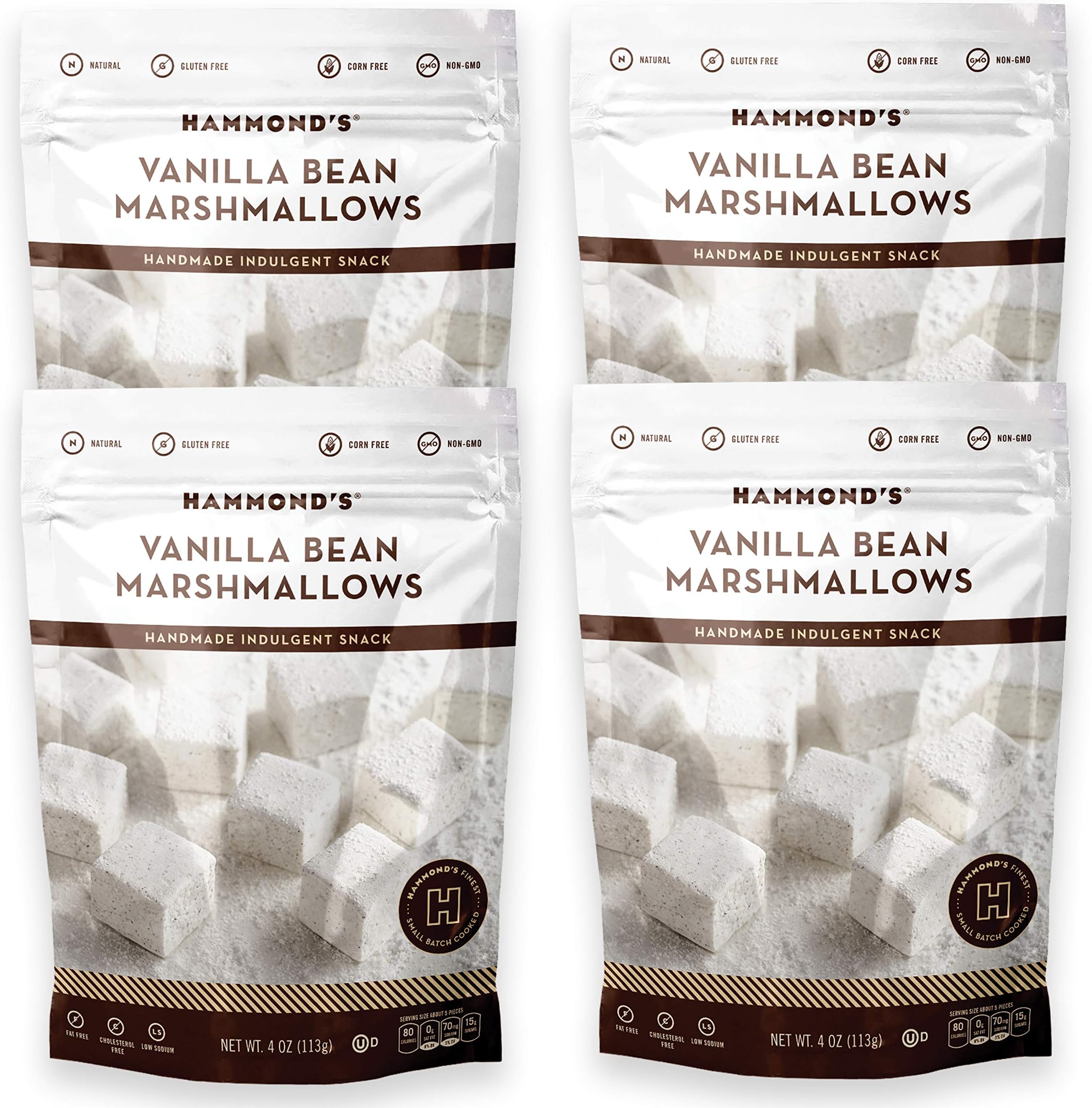 Hammond’s Candies Gourmet Marshmallows – Vanilla Bean | Great for Snacking, Hot Chocolate, S’mores, Baking | Gluten-Free, Kosher, Handcrafted in the USA | 4 Pack