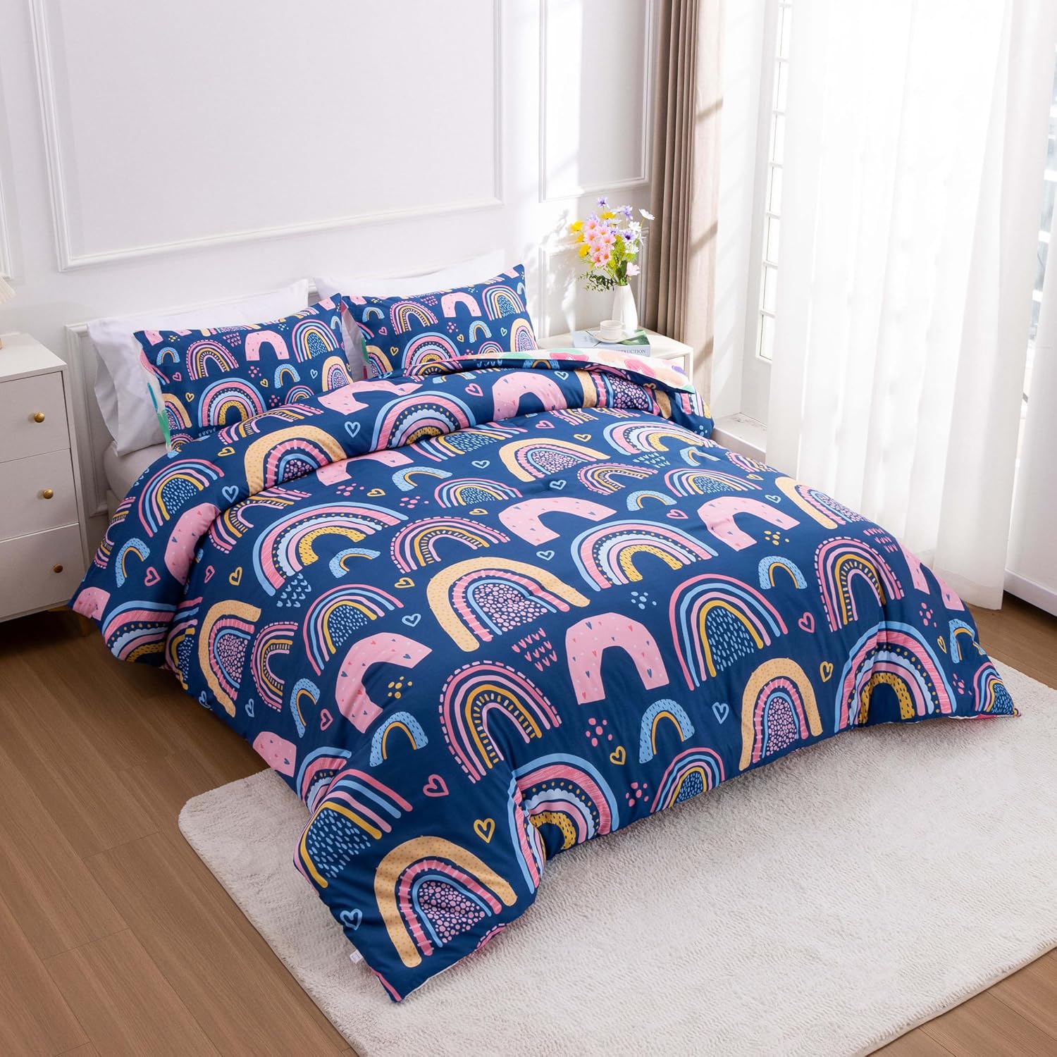 Btargot Lightweight Soft 3 Piece Rainbow Comforter Set with 2 Pillow Covers, Cartoon Love Hearts Suns and Stars Bedding Set for Girls Boys Kids, Queen Dark Blue