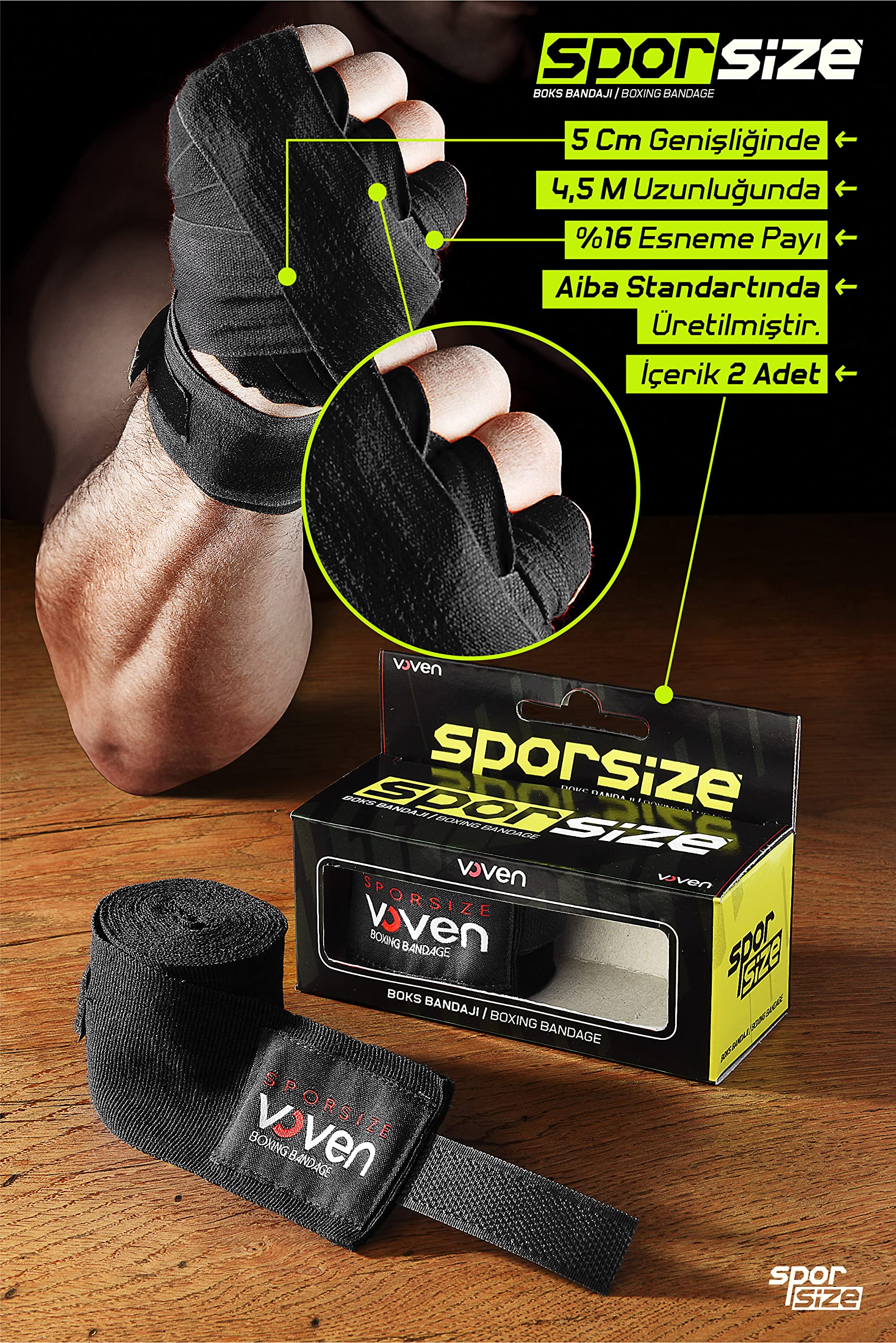 Sporsize Voven Boxing Muay Thai Bandage Black Boks Bandajı Muay Thai Bandajı El Sargısı Tüm Ebatlar, Renkler (Siyah, 4,5 METRE)