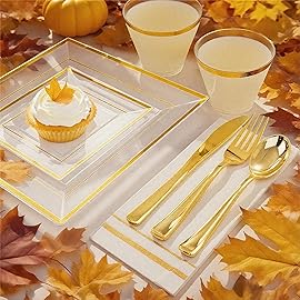 Festiva 350Pcs Clear Plastic Plates with Gold rim - Clear Gold Disposable Dinnerware for 50 Guests includeSquare Plastic Plates/Cups/Cutlery/Napkins Perfect for New Year Party&Wedding &Xmas
