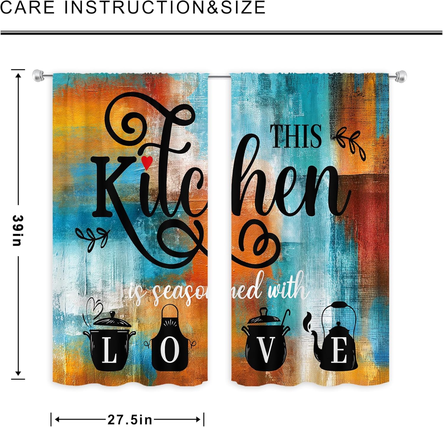 MESHELLY Brown Blue Abstract Kitchen Curtains 27.5Wx39H Inch Rod Pocket Rust Burnt Orange Teal Quotes Modern Contemporary Bedroom Window Drapes Neutral Painting Printed Living Room Window Treatment