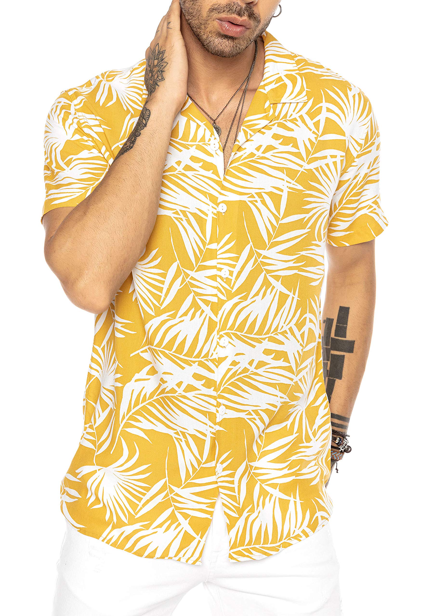 Chemise Hawaïenne Rima Homme XL - Motifs Palmiers Bleu Et Jaune, Manches Courtes, Style Caraïbes
