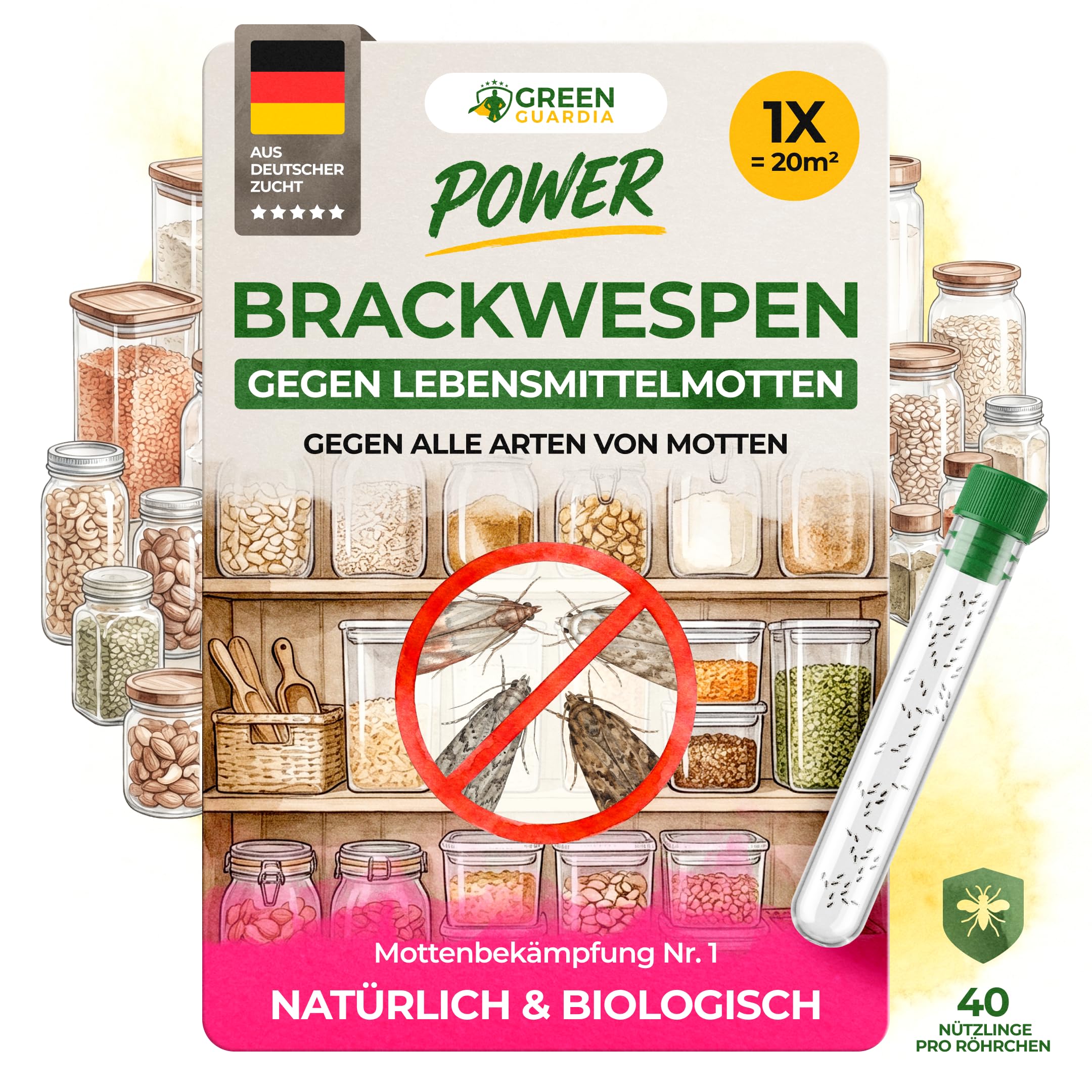 GREEN GUARDIA Brackwespen gegen Lebensmittelmotten - 1x Röhrchen à 40 Nützlinge - Brackis, Habrobracon hebetor, Turbo-Booster zur Mottenbekämpfung